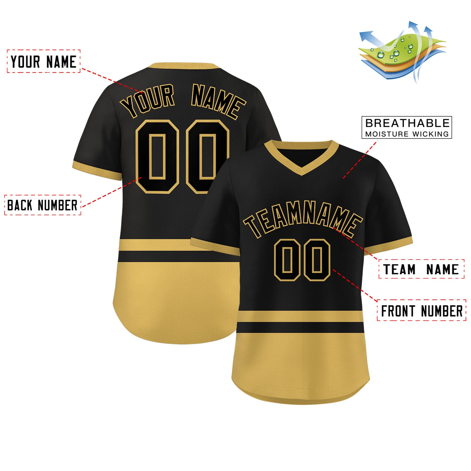Custom Black Old Gold Color Block Personalized V-Neck Authentic Pullover Baseball Jersey