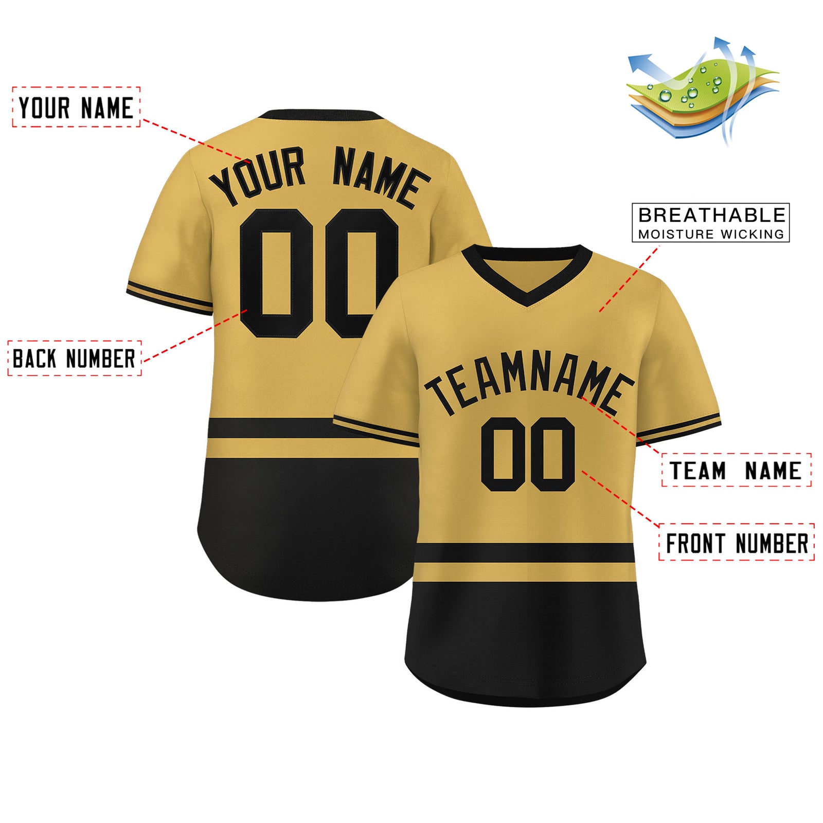 Custom Gold Black Color Block Personalized V-Neck Authentic Pullover Baseball Jersey