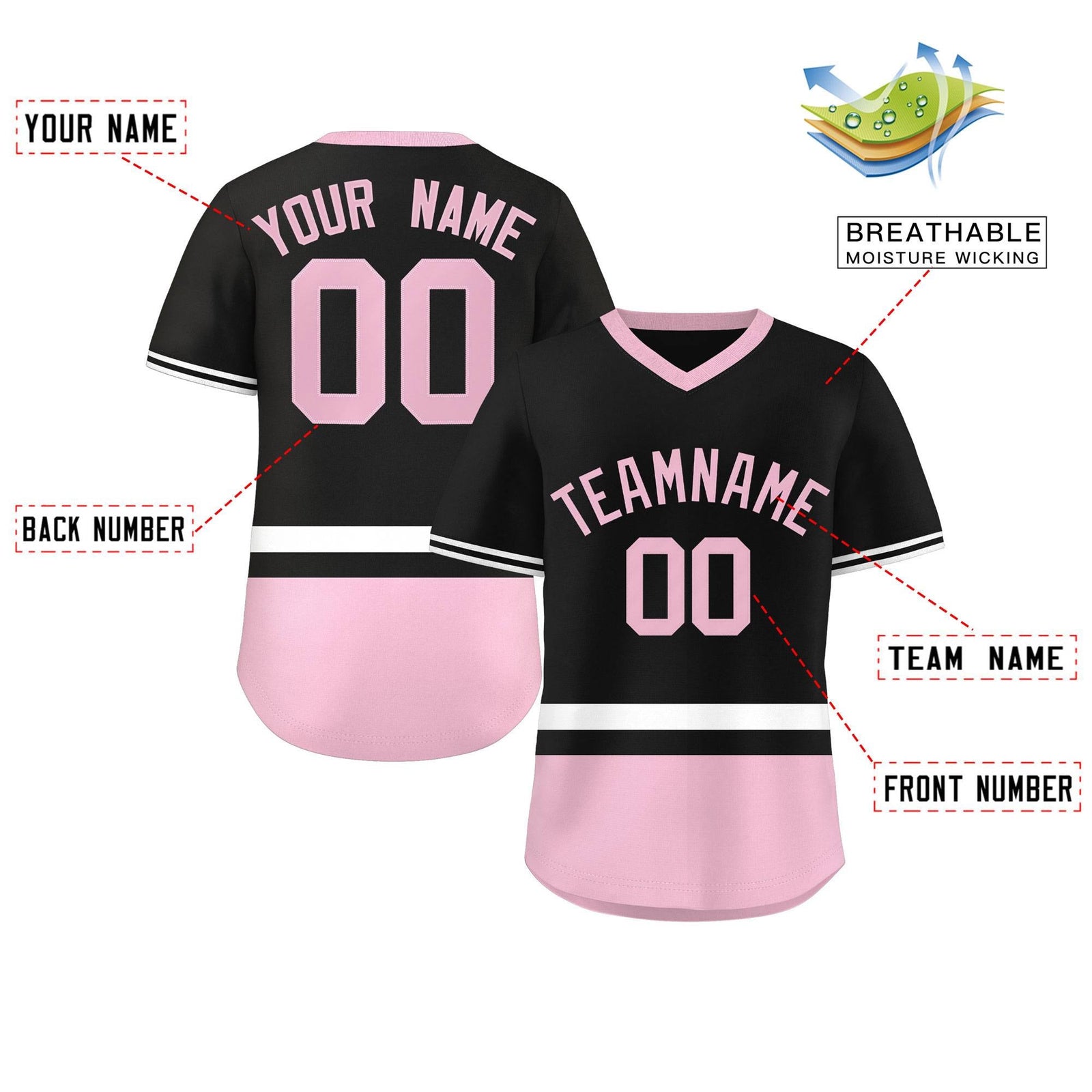 Custom Black White-Light Pink Color Block Personalized V-Neck Authentic Pullover Baseball Jersey