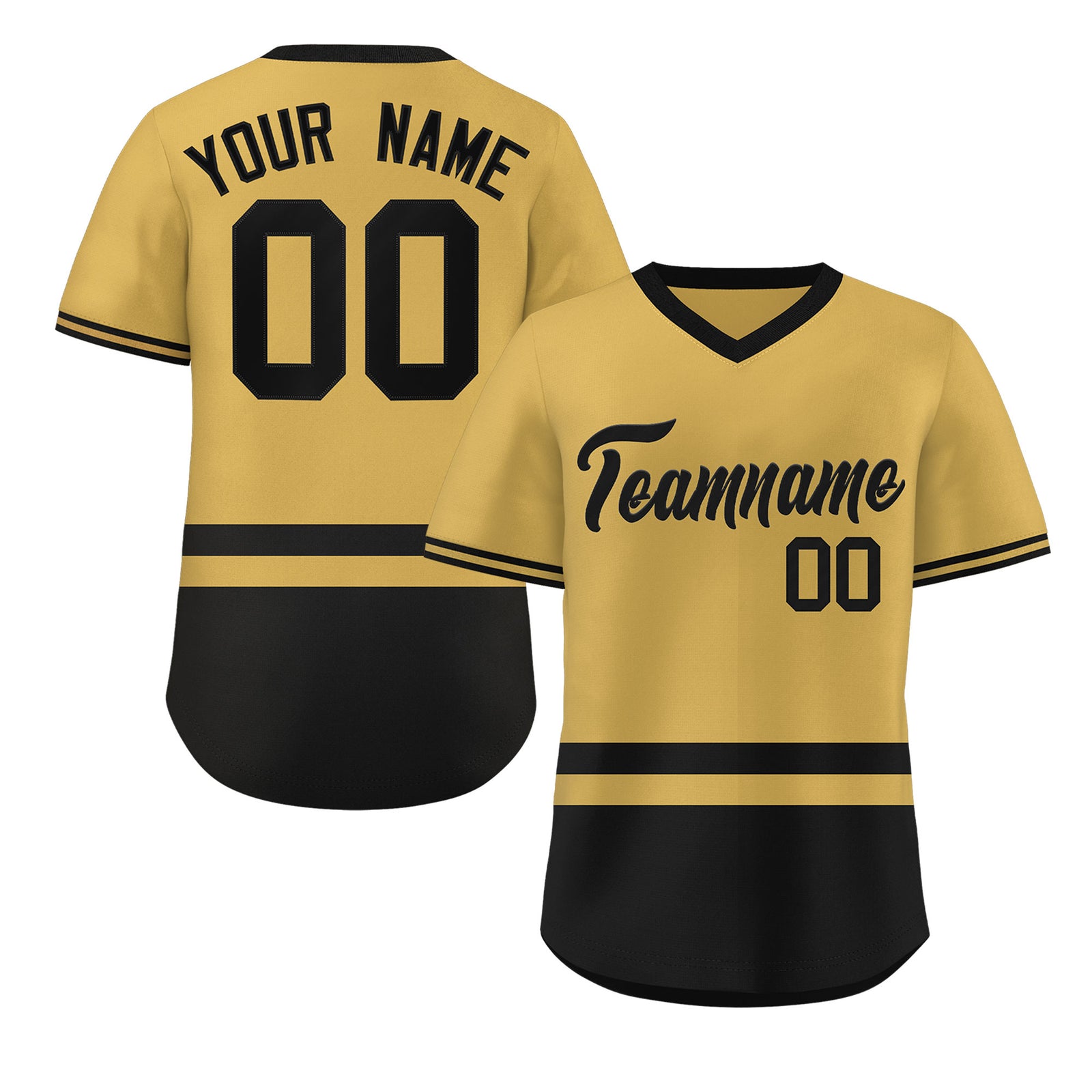 Custom Gold Black Color Block Personalized V-Neck Authentic Pullover Baseball Jersey