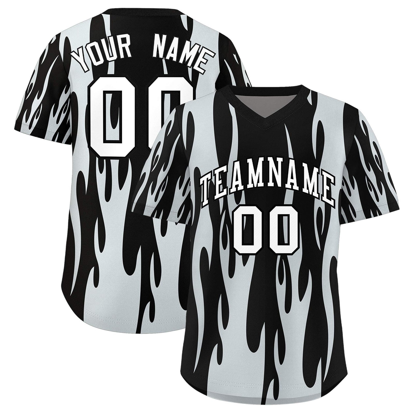 Custom Black Silver Flame Pattern Authentic Pullover Baseball Jersey