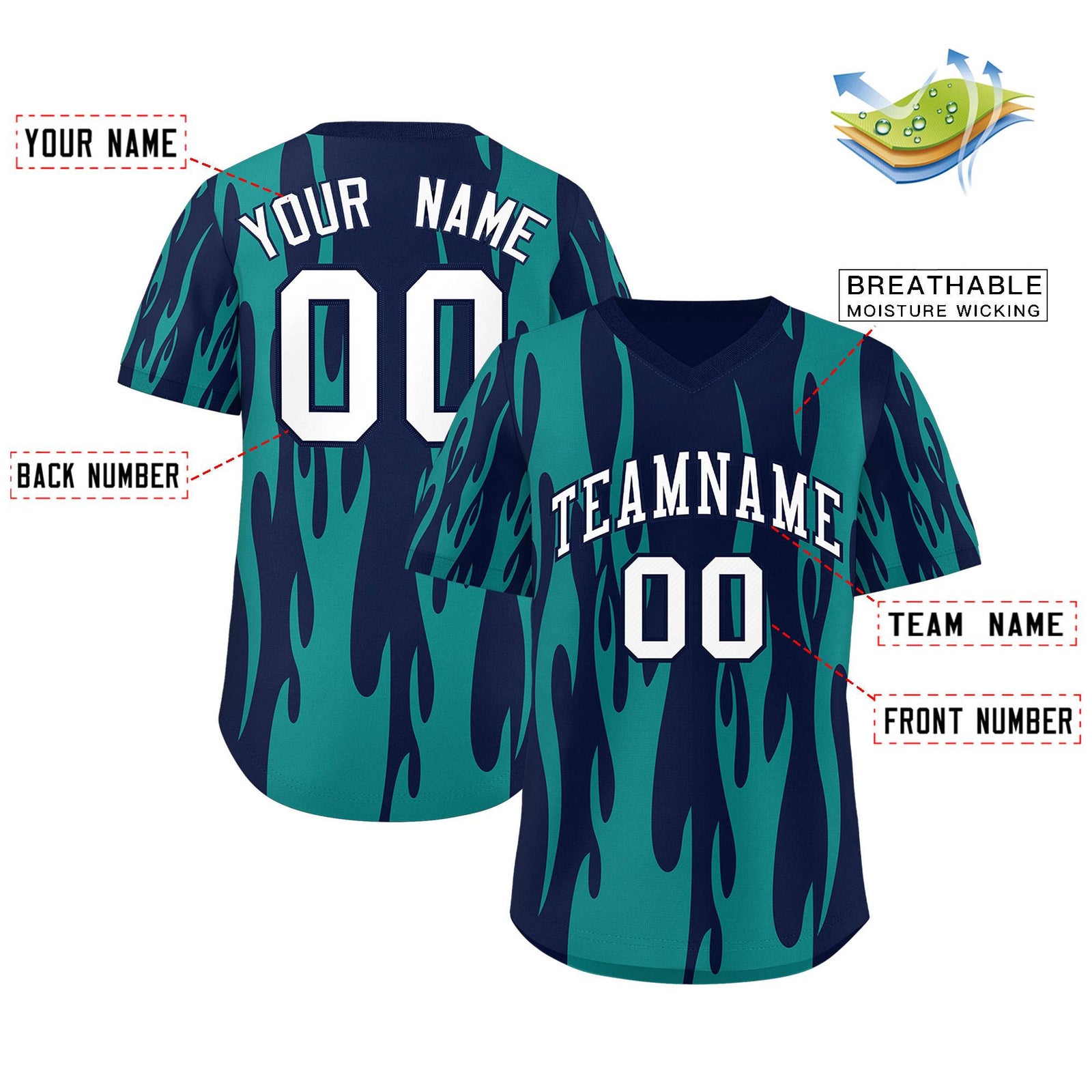 Custom Navy Aqua Flame Pattern Authentic Pullover Baseball Jersey