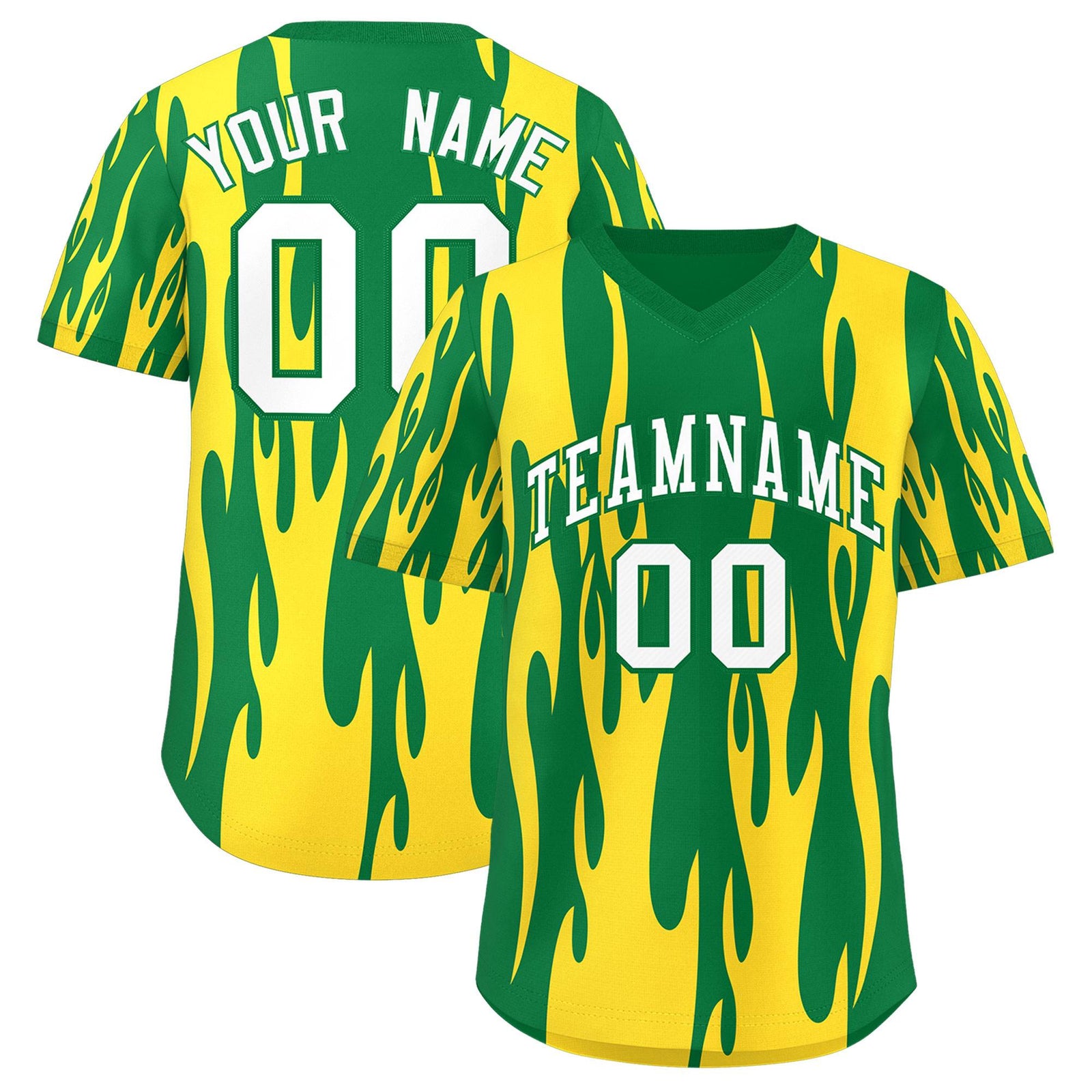 Custom Kelly Green Gold Flame Pattern Authentic Pullover Baseball Jersey
