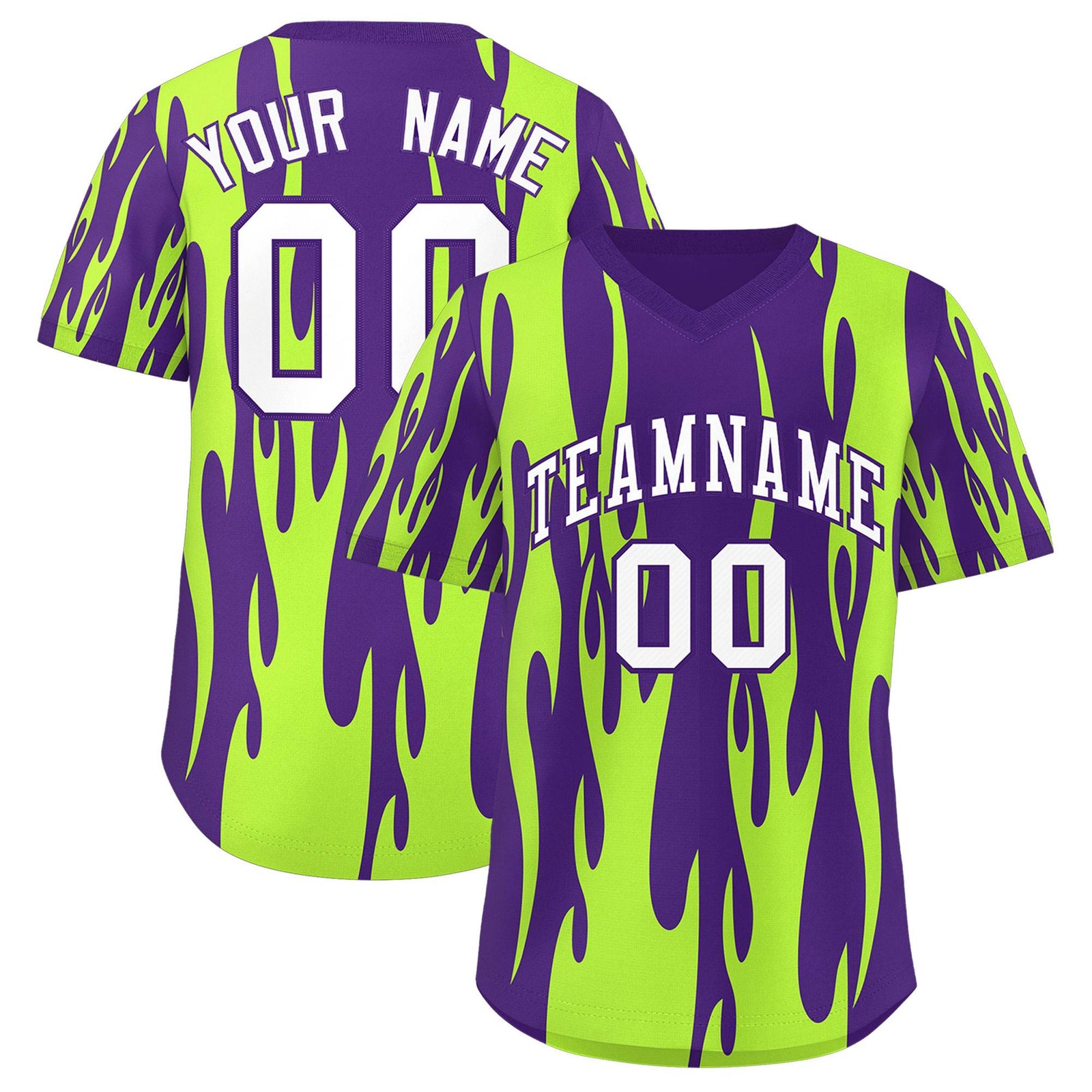 Custom Purple Neon Green Flame Pattern Authentic Pullover Baseball Jersey