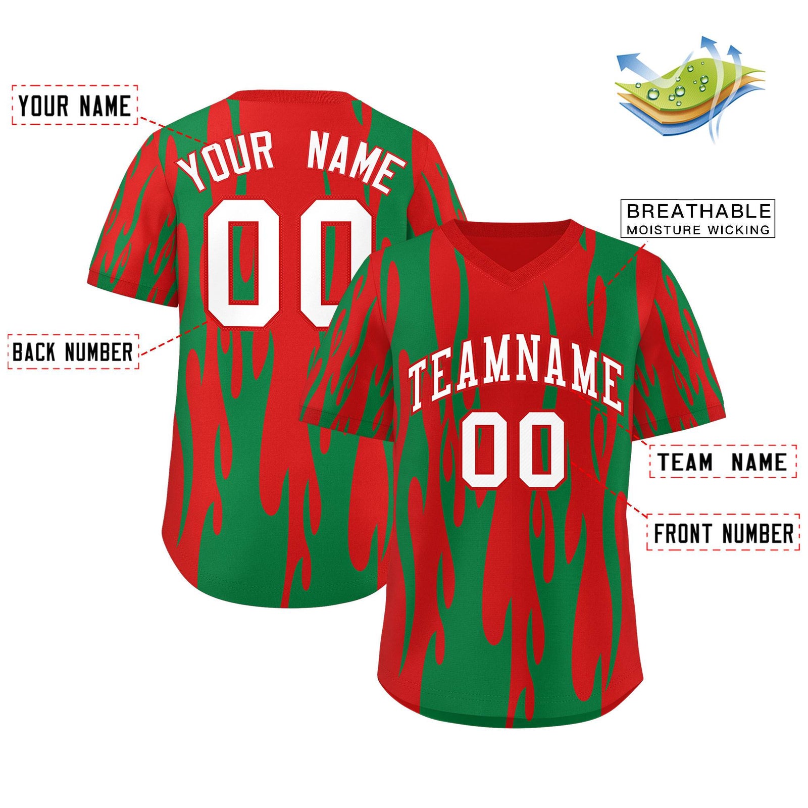 Custom Red Kelly Green Flame Pattern Authentic Pullover Baseball Jersey