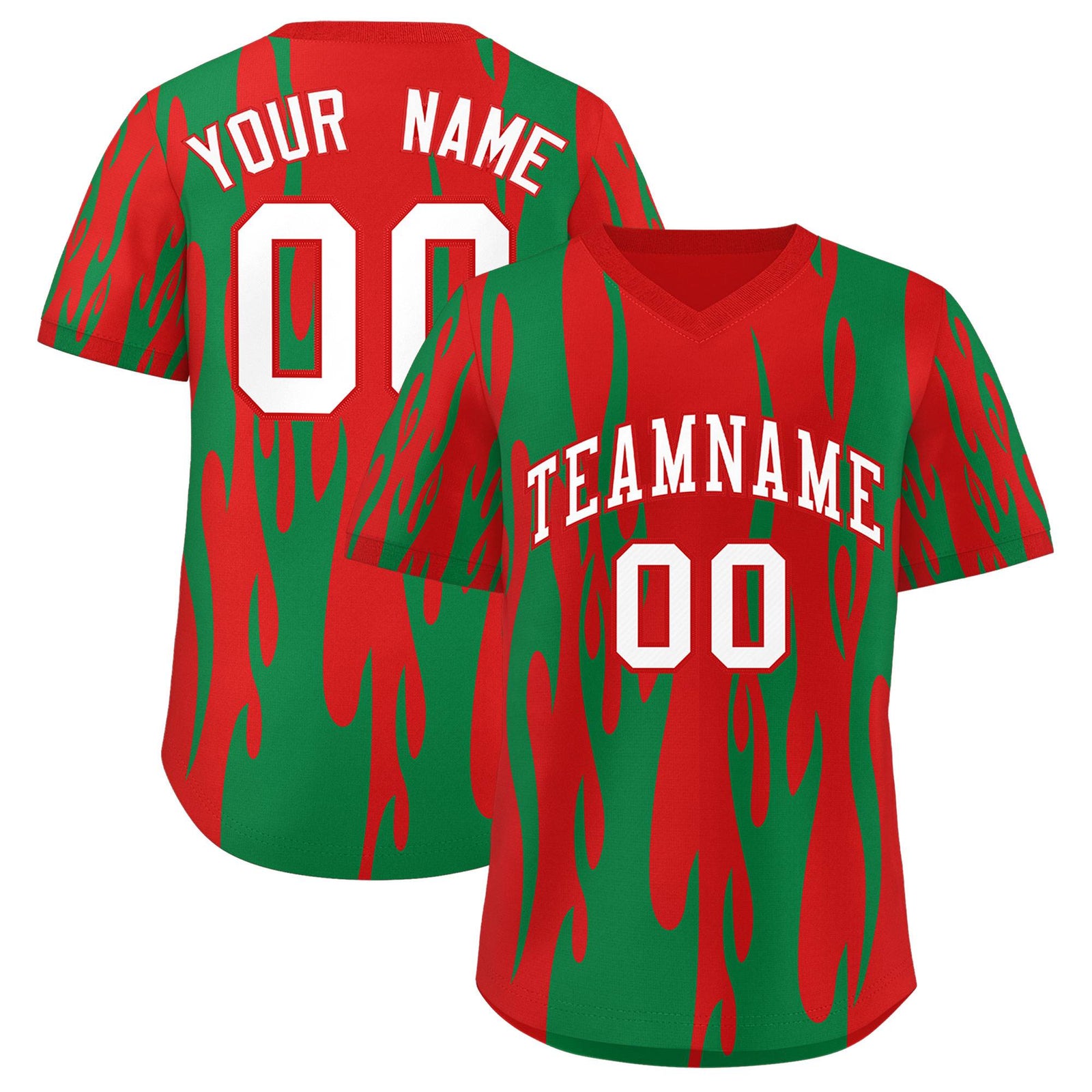 Custom Red Kelly Green Flame Pattern Authentic Pullover Baseball Jersey