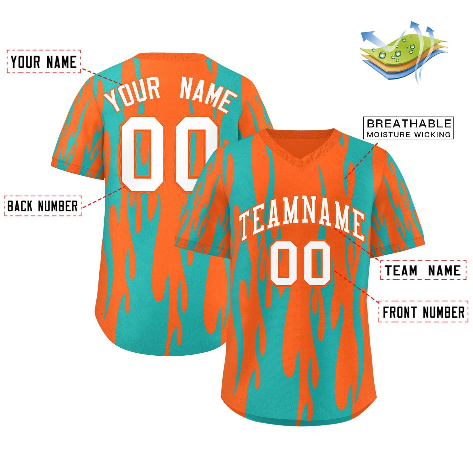 Custom Orange Aqua Flame Pattern Authentic Pullover Baseball Jersey