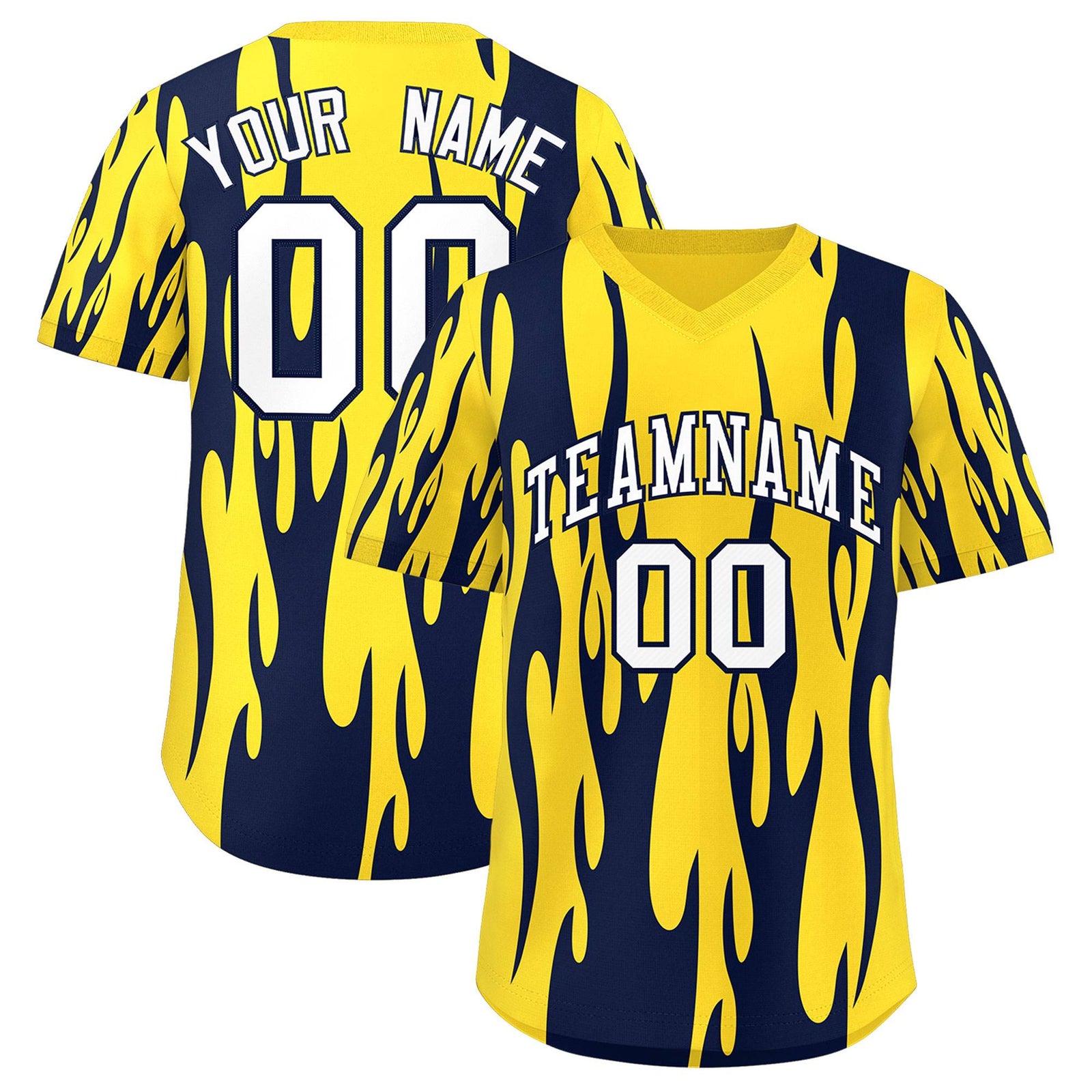 Custom Gold Navy Flame Pattern Authentic Pullover Baseball Jersey