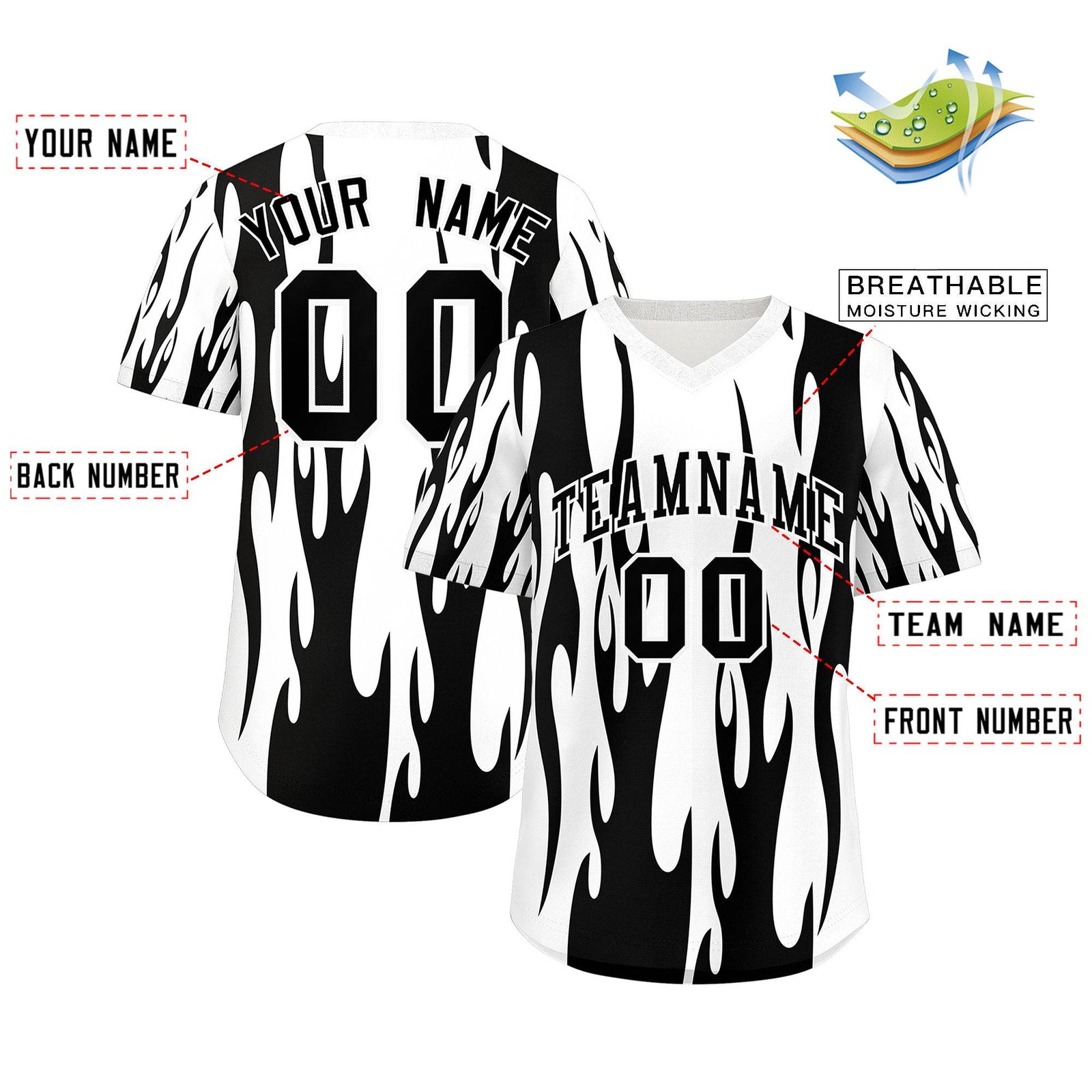 Custom White Black Flame Pattern Authentic Pullover Baseball Jersey