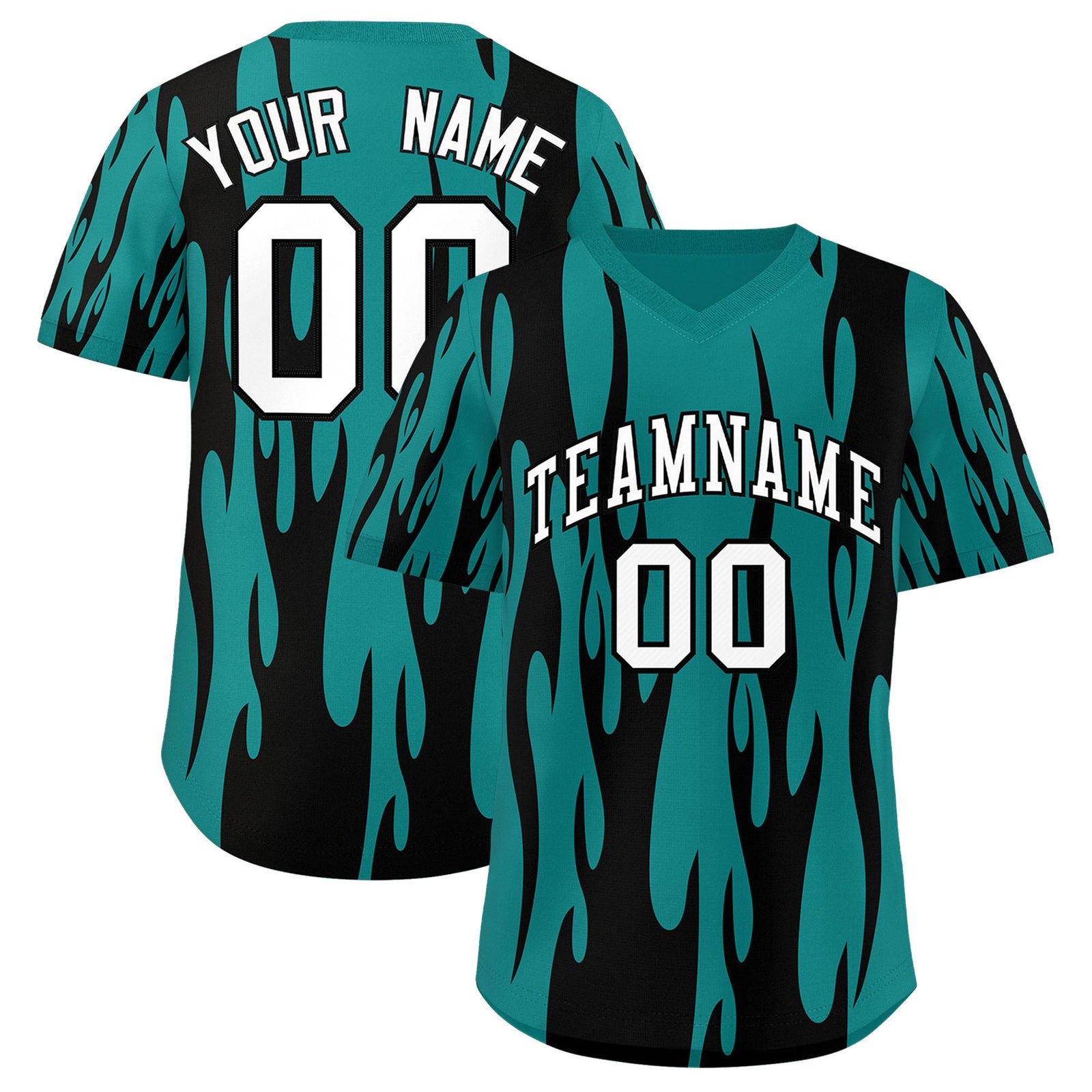Custom Aqua Black Flame Pattern Authentic Pullover Baseball Jersey