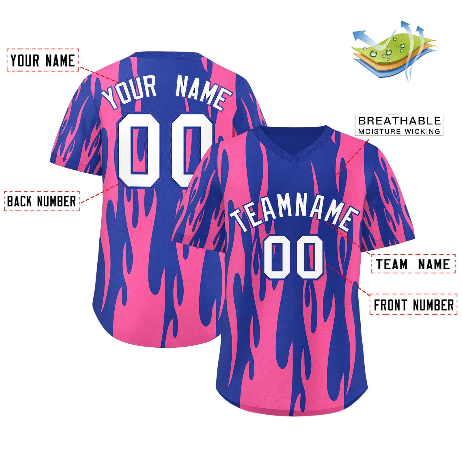 Custom Royal Pink Flame Pattern Authentic Pullover Baseball Jersey