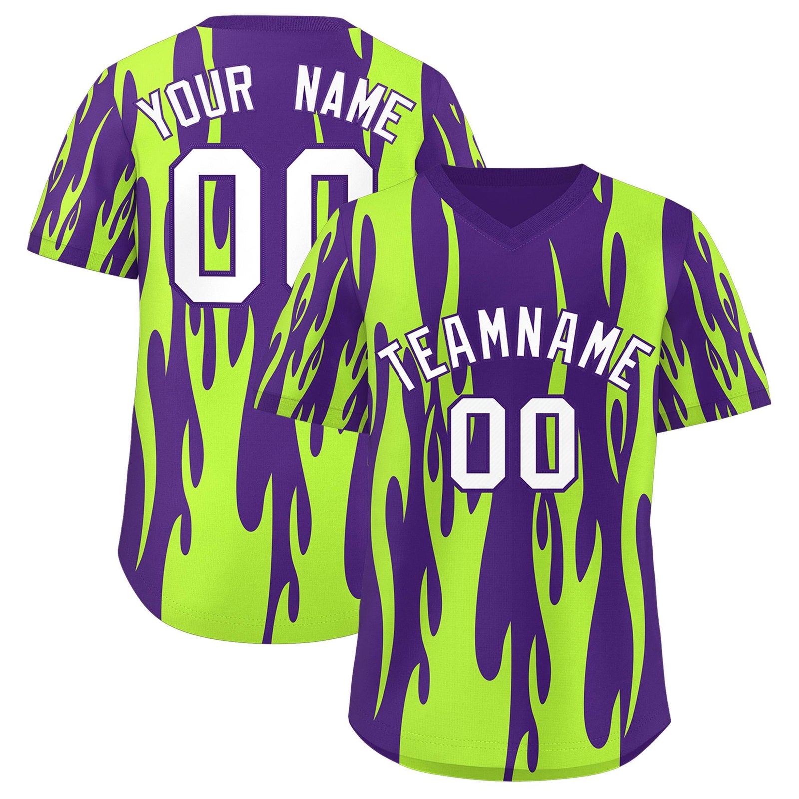 Custom Purple Neon Green Flame Pattern Authentic Pullover Baseball Jersey