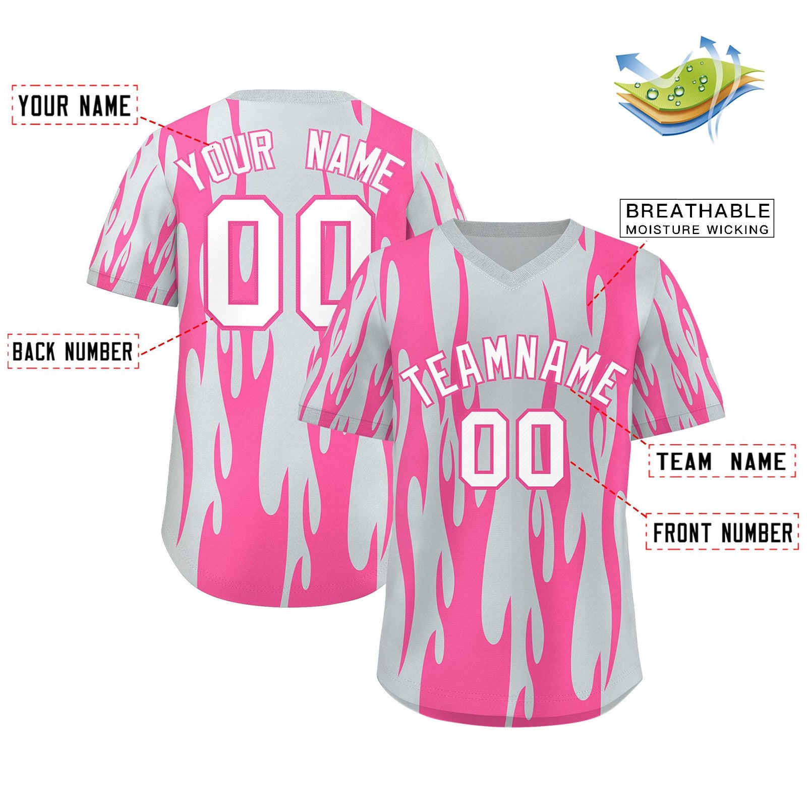Custom Pink Silver Flame Pattern Authentic Pullover Baseball Jersey