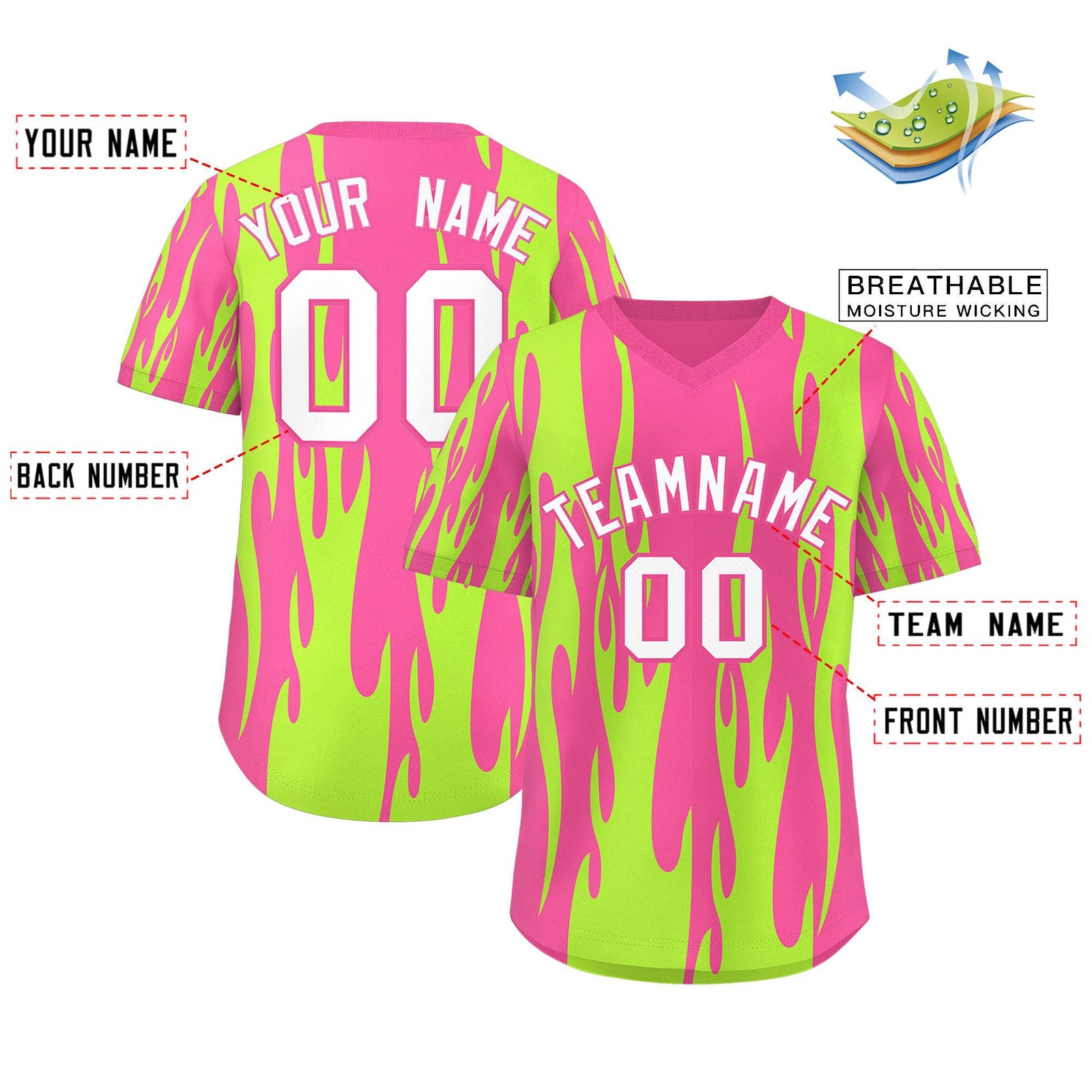 Custom Pink Neon Green Flame Pattern Authentic Pullover Baseball Jersey