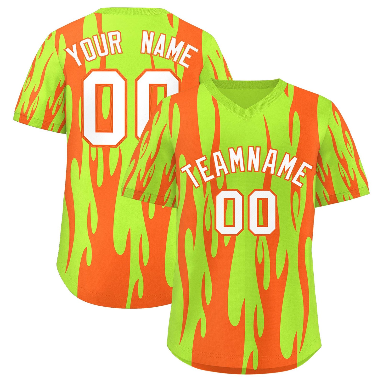 Custom Neon Green Orange Flame Pattern Authentic Pullover Baseball Jersey