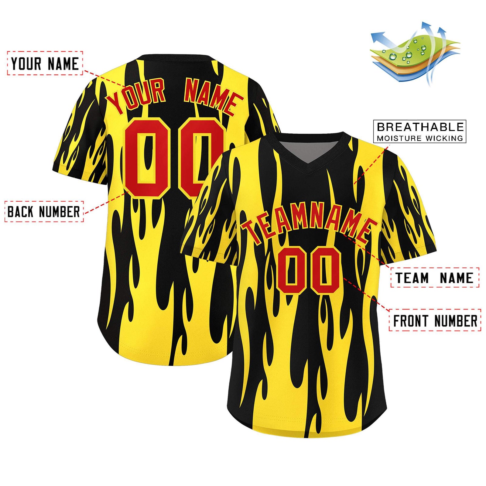 Custom Black Gold Flame Pattern Authentic Pullover Baseball Jersey