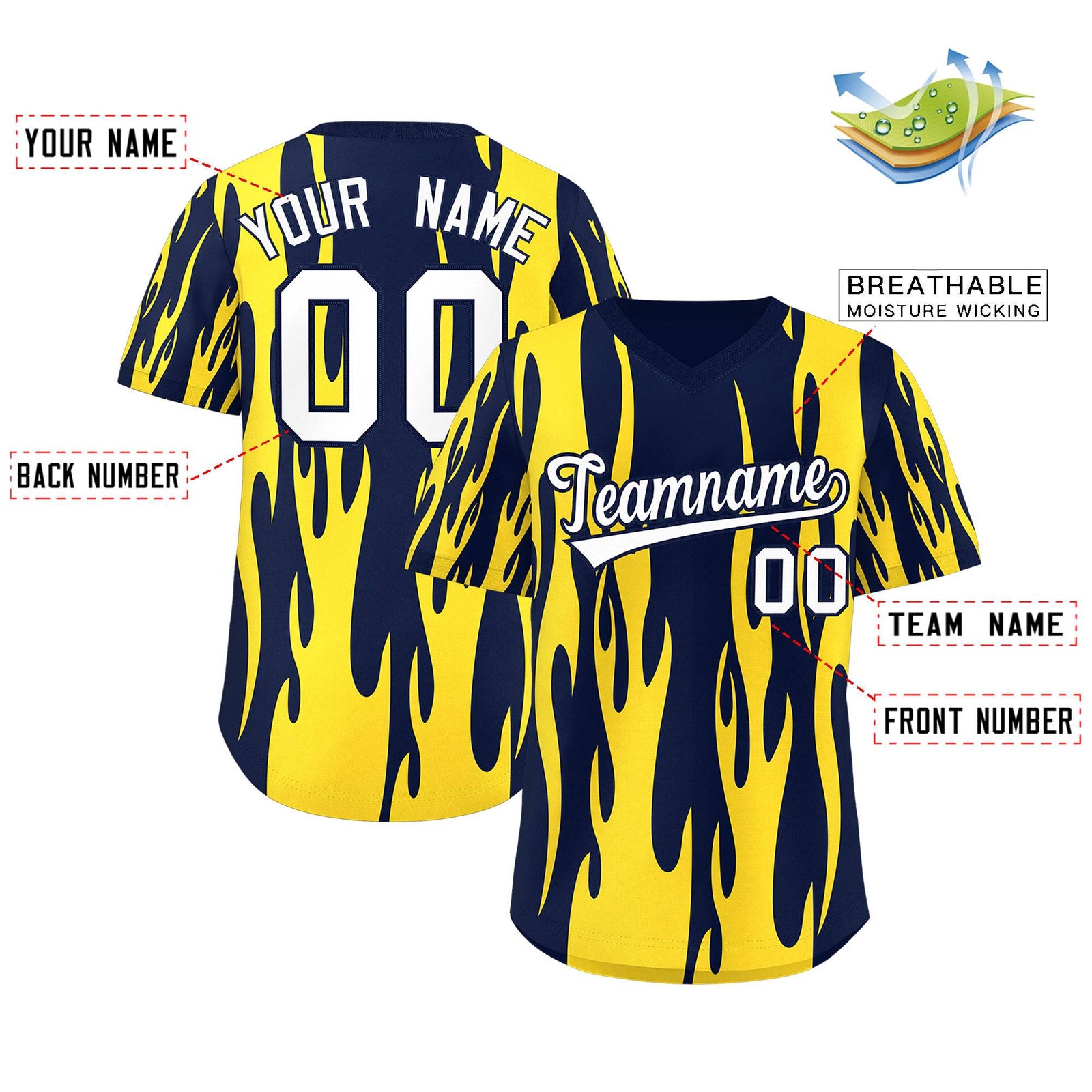 Custom Navy Gold Flame Pattern Authentic Pullover Baseball Jersey