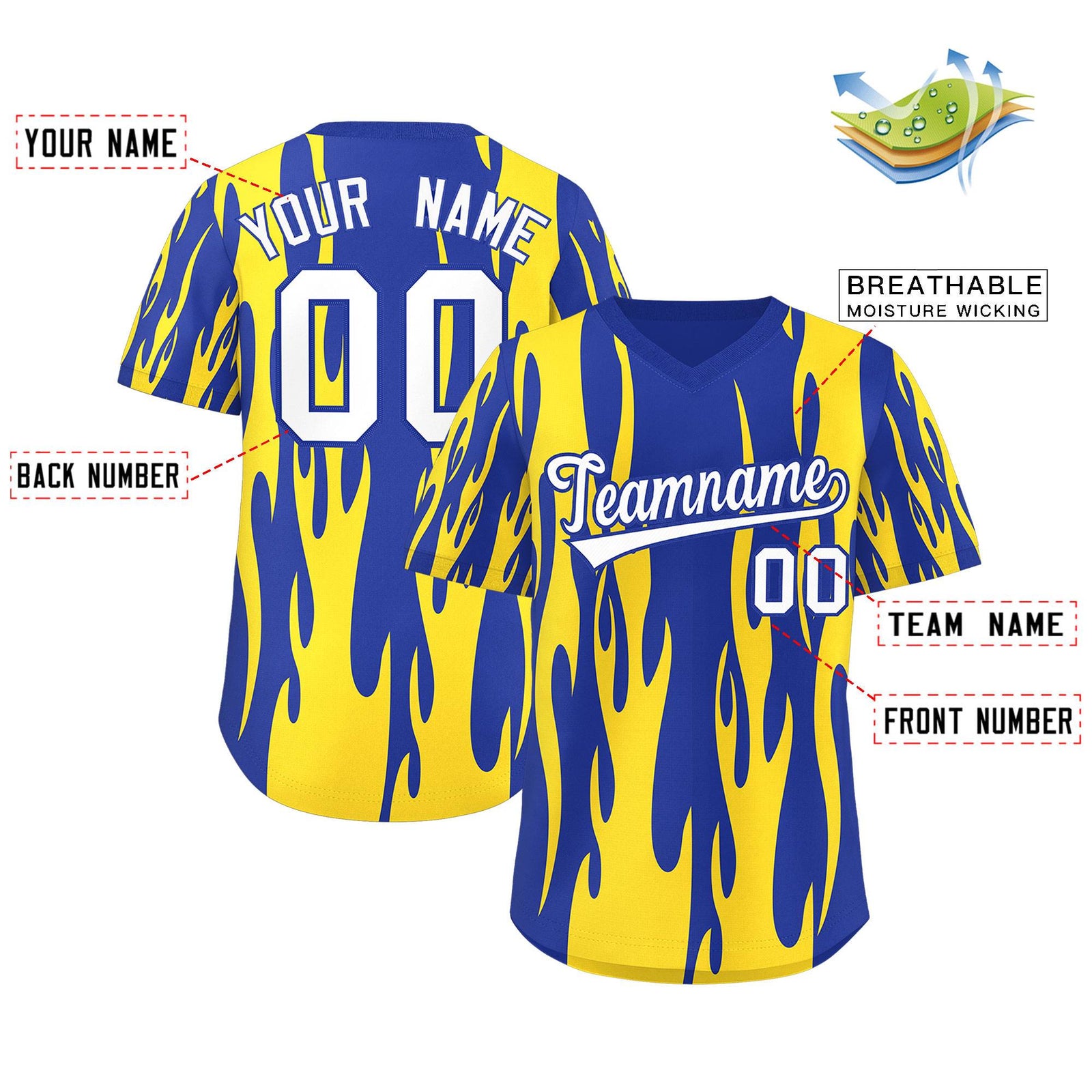Custom Royal Gold Flame Pattern Authentic Pullover Baseball Jersey