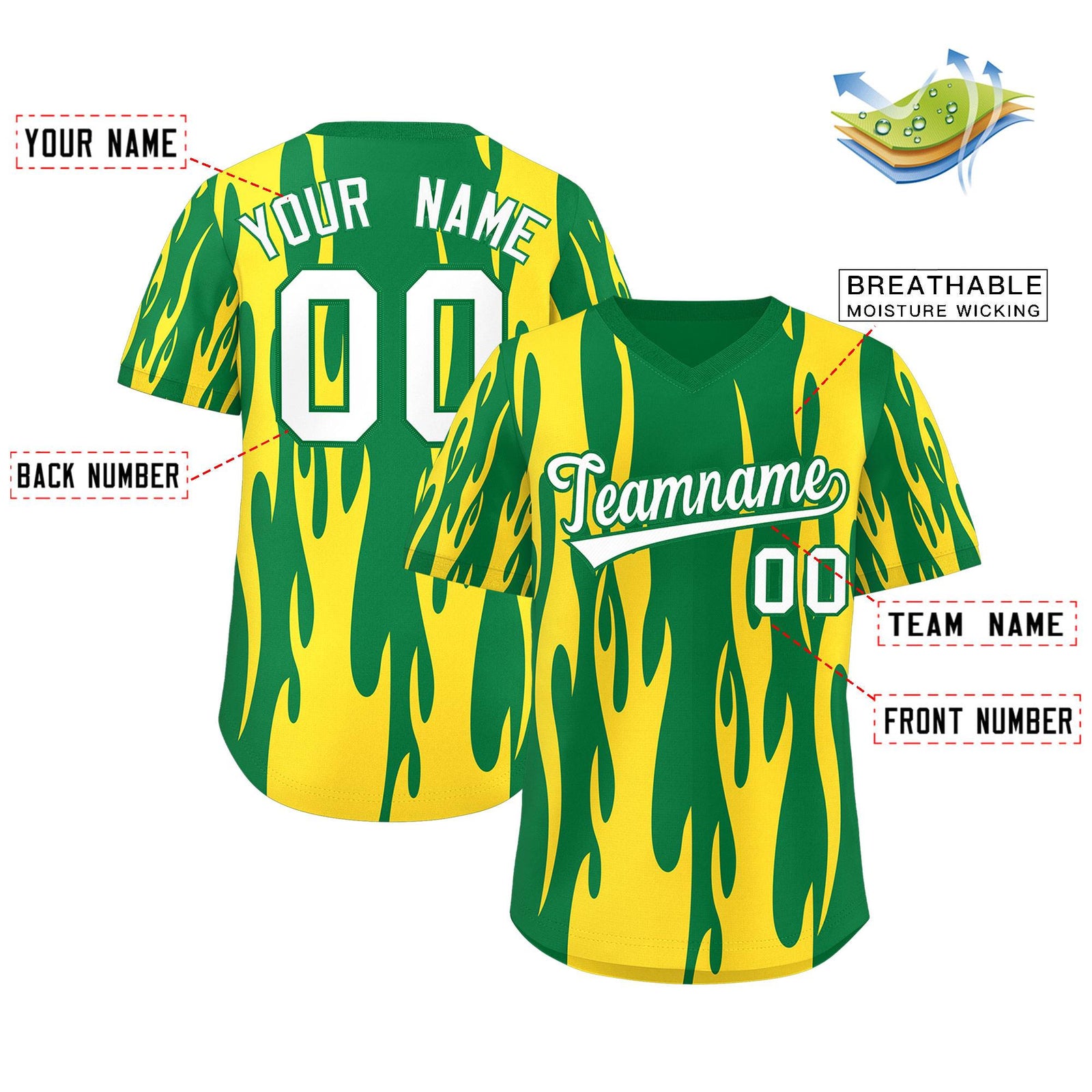 Custom Kelly Green Gold Flame Pattern Authentic Pullover Baseball Jersey