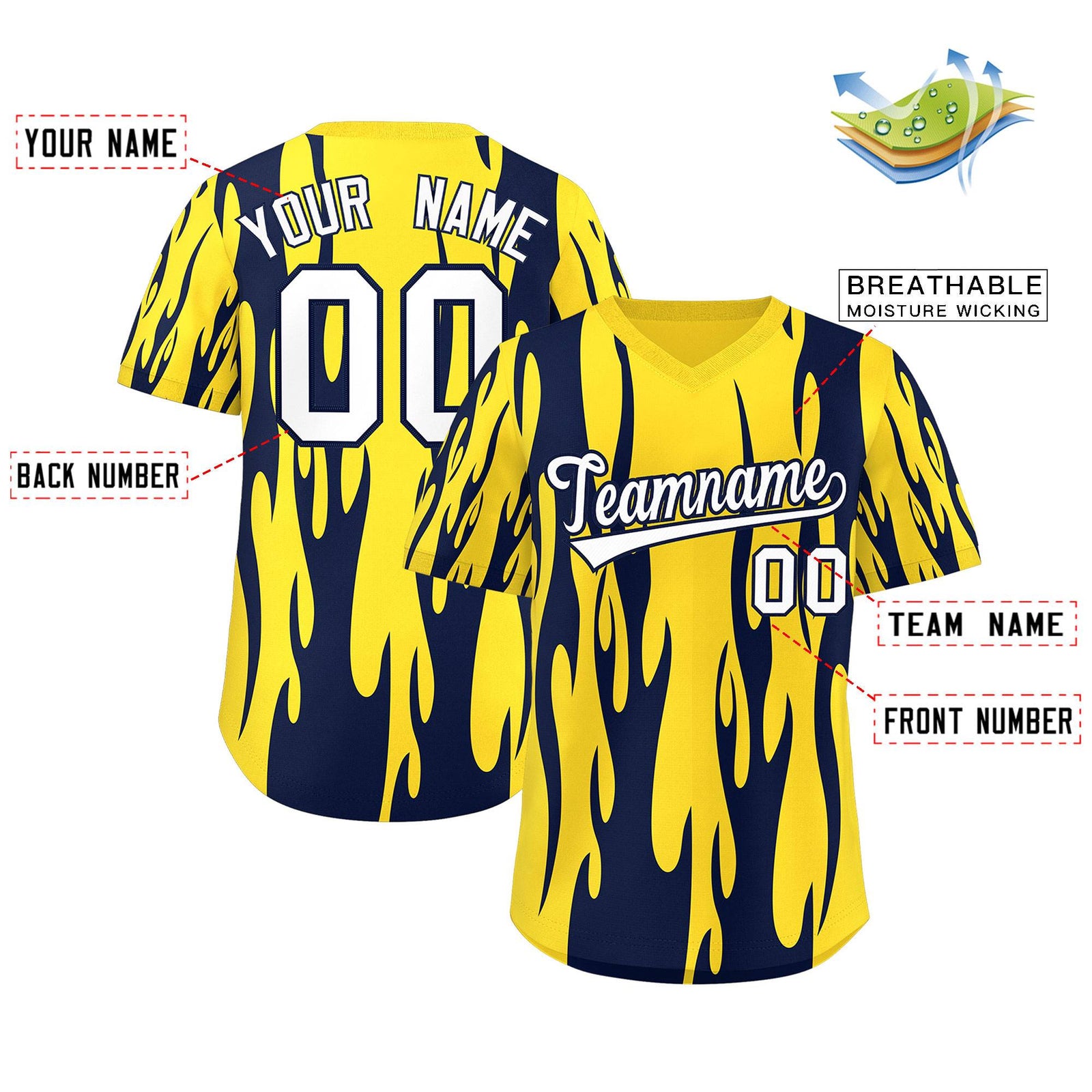Custom Gold Navy Flame Pattern Authentic Pullover Baseball Jersey