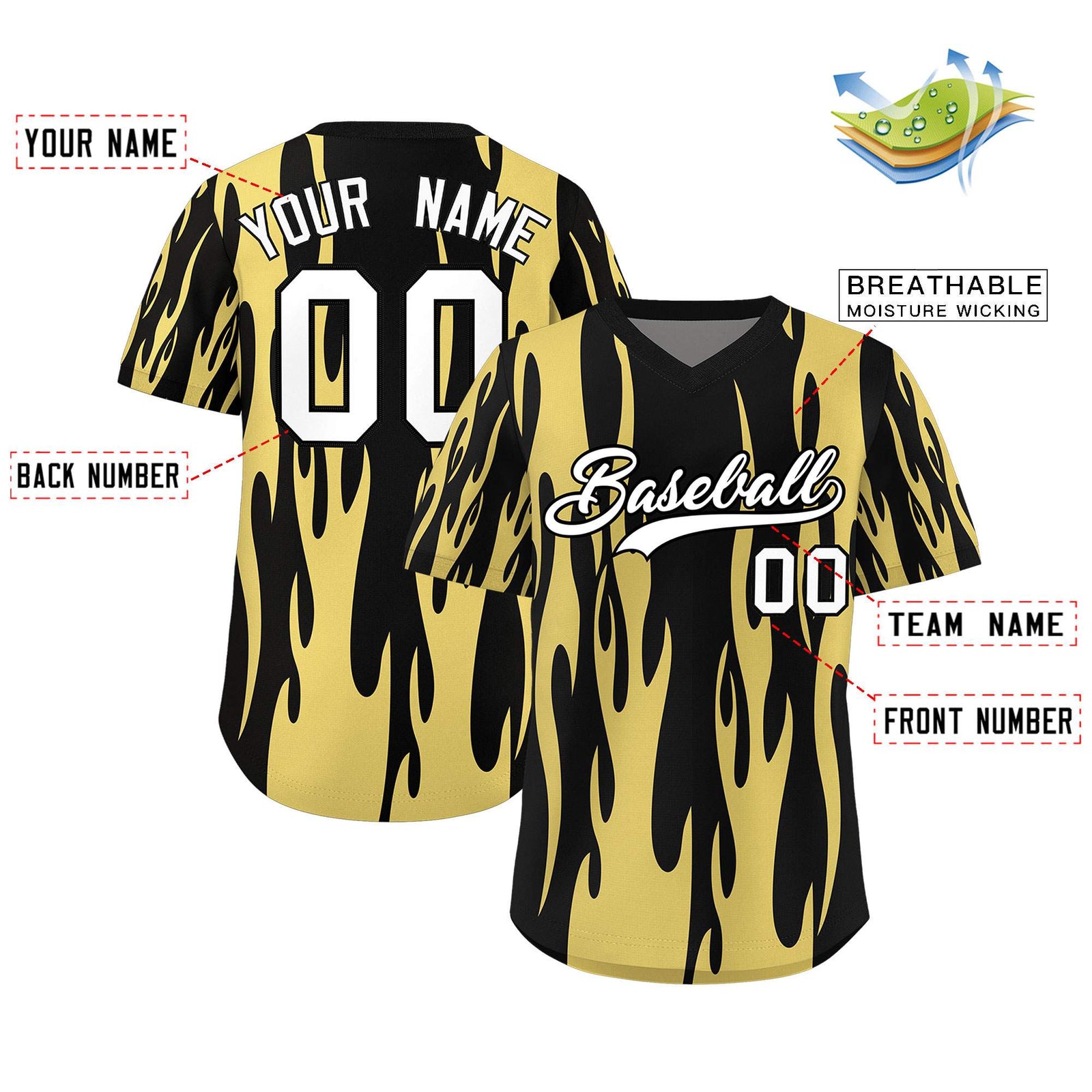 Custom Black Old Gold Flame Pattern Authentic Pullover Baseball Jersey