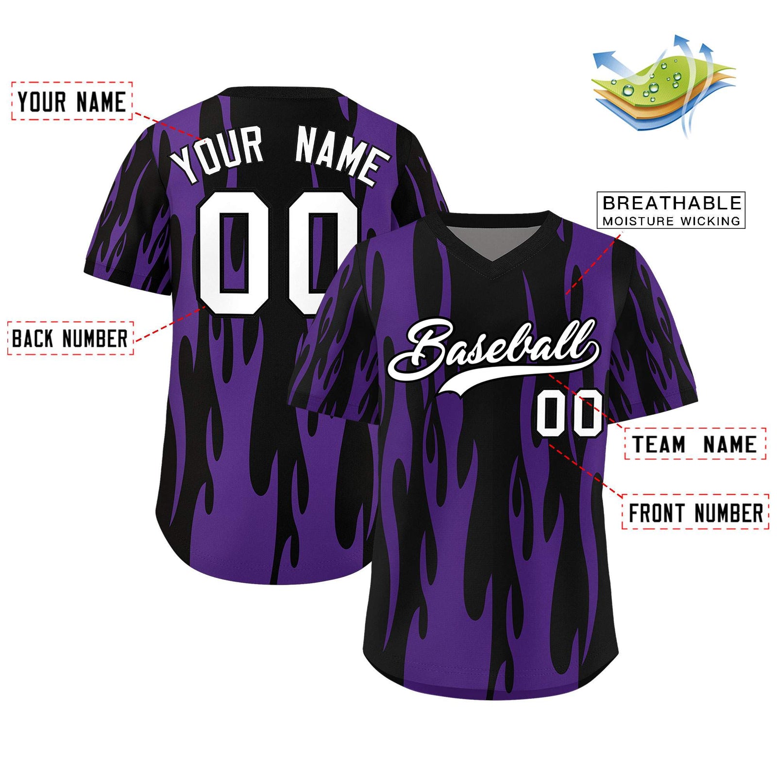 Custom Black Purple Flame Pattern Authentic Pullover Baseball Jersey