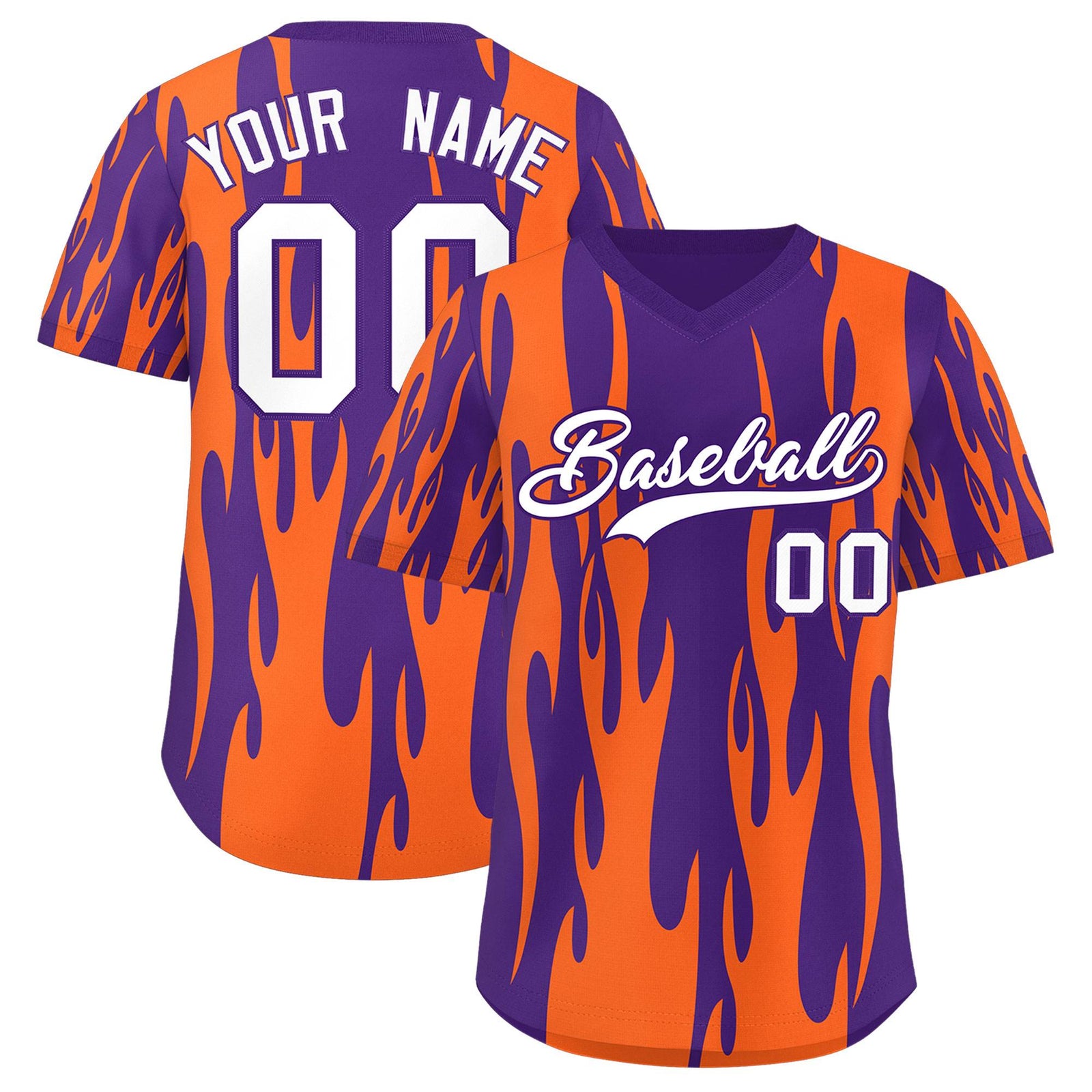 Custom Purple Orange Flame Pattern Authentic Pullover Baseball Jersey