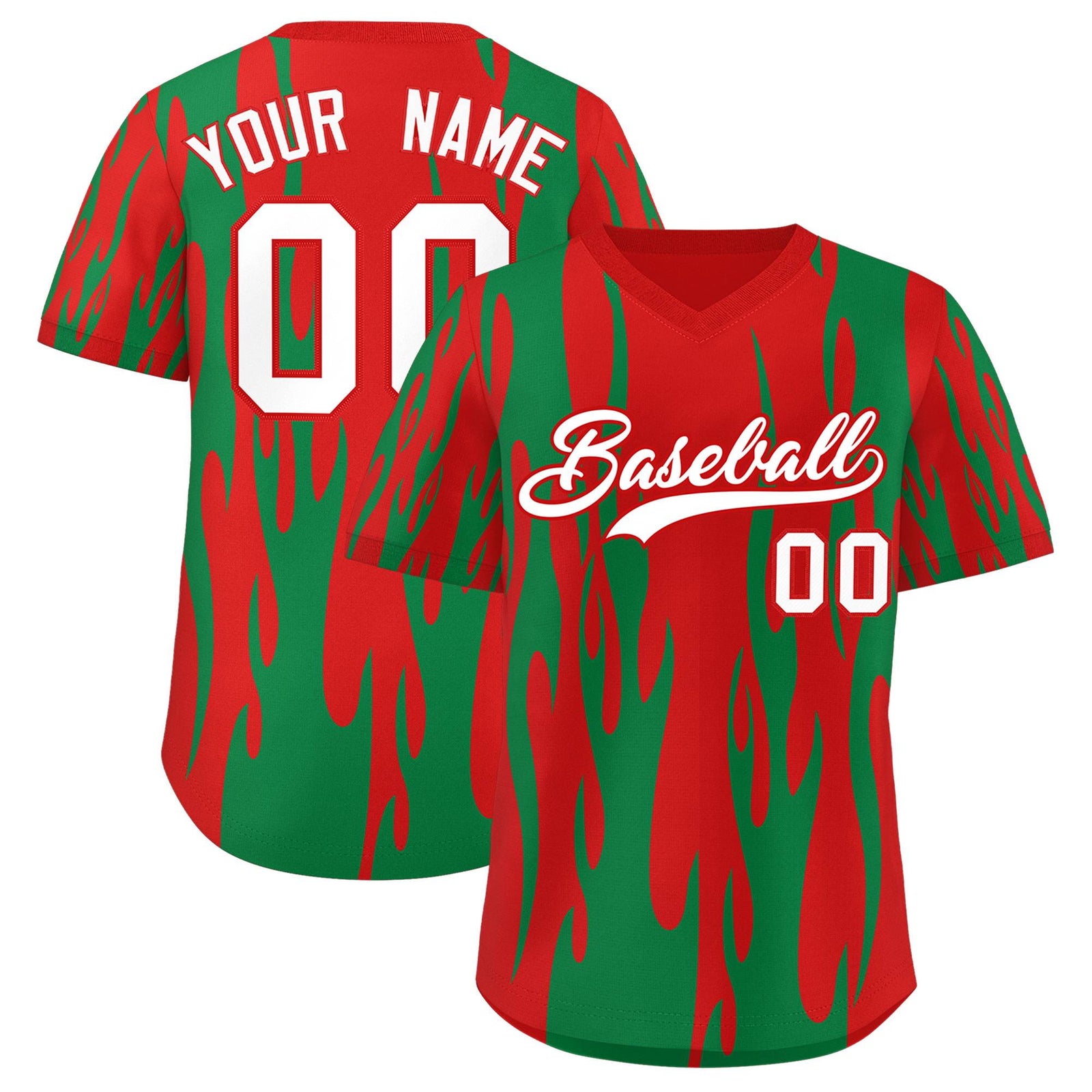 Custom Red Kelly Green Flame Pattern Authentic Pullover Baseball Jersey