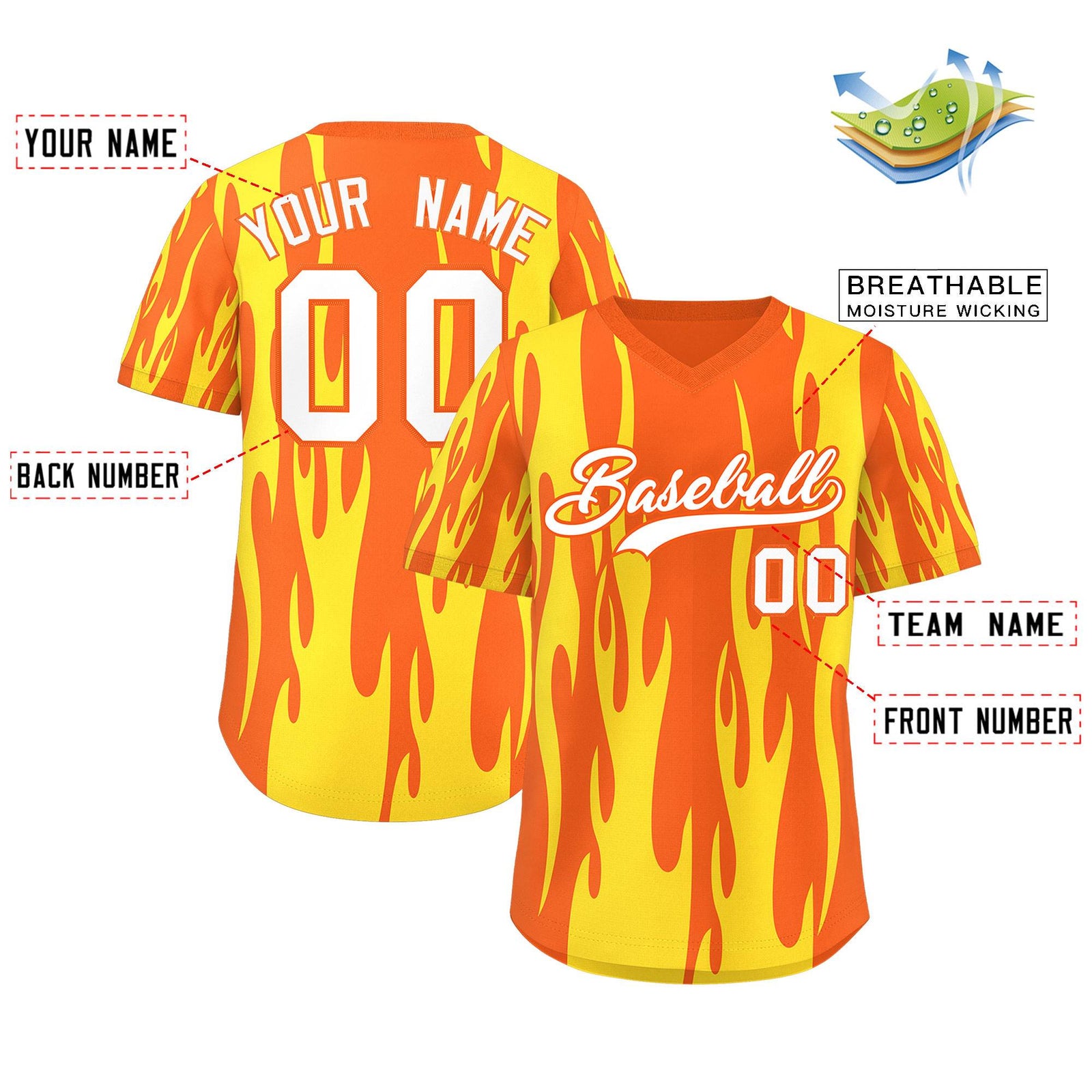 Custom Orange Gold Flame Pattern Authentic Pullover Baseball Jersey