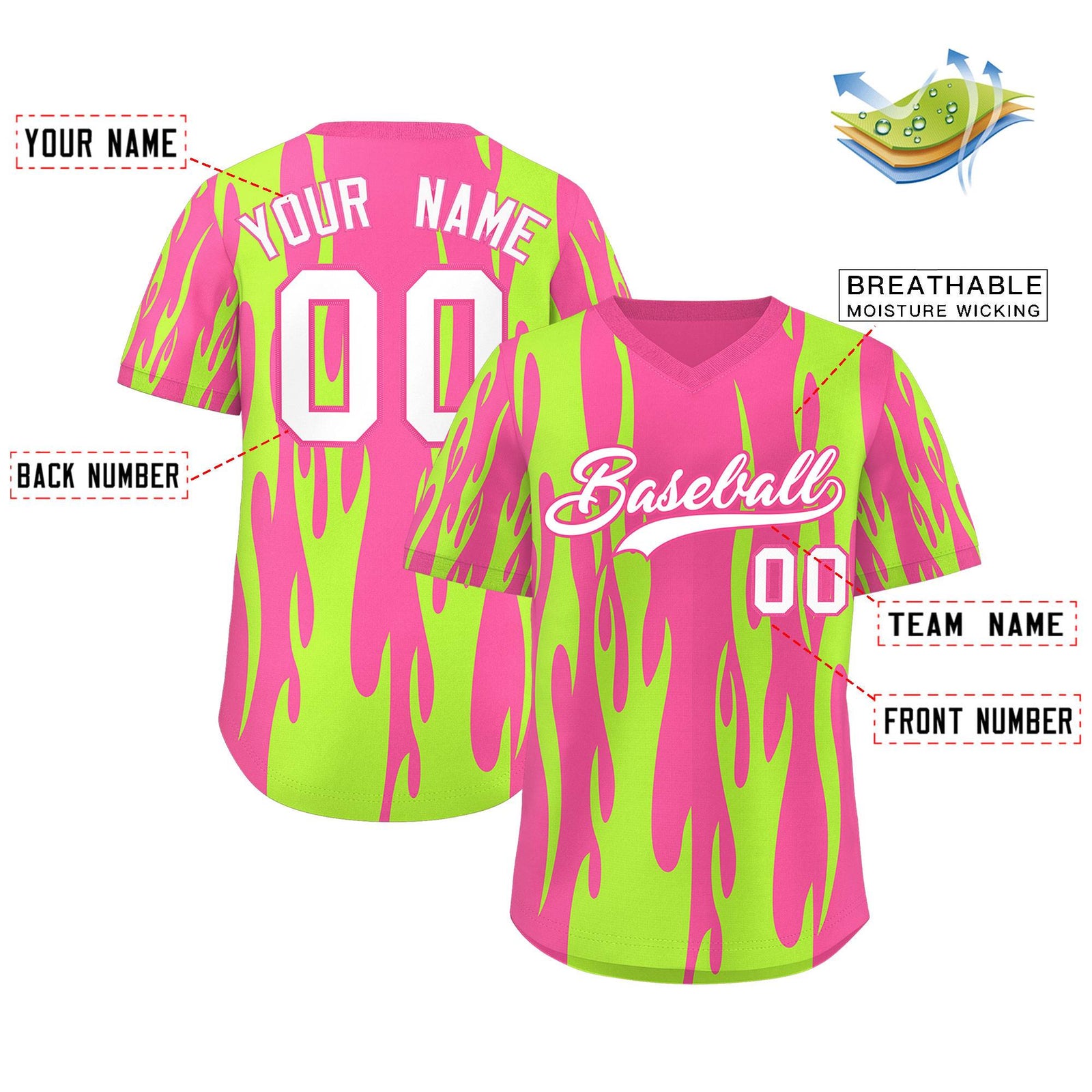 Custom Pink Neon Green Flame Pattern Authentic Pullover Baseball Jersey