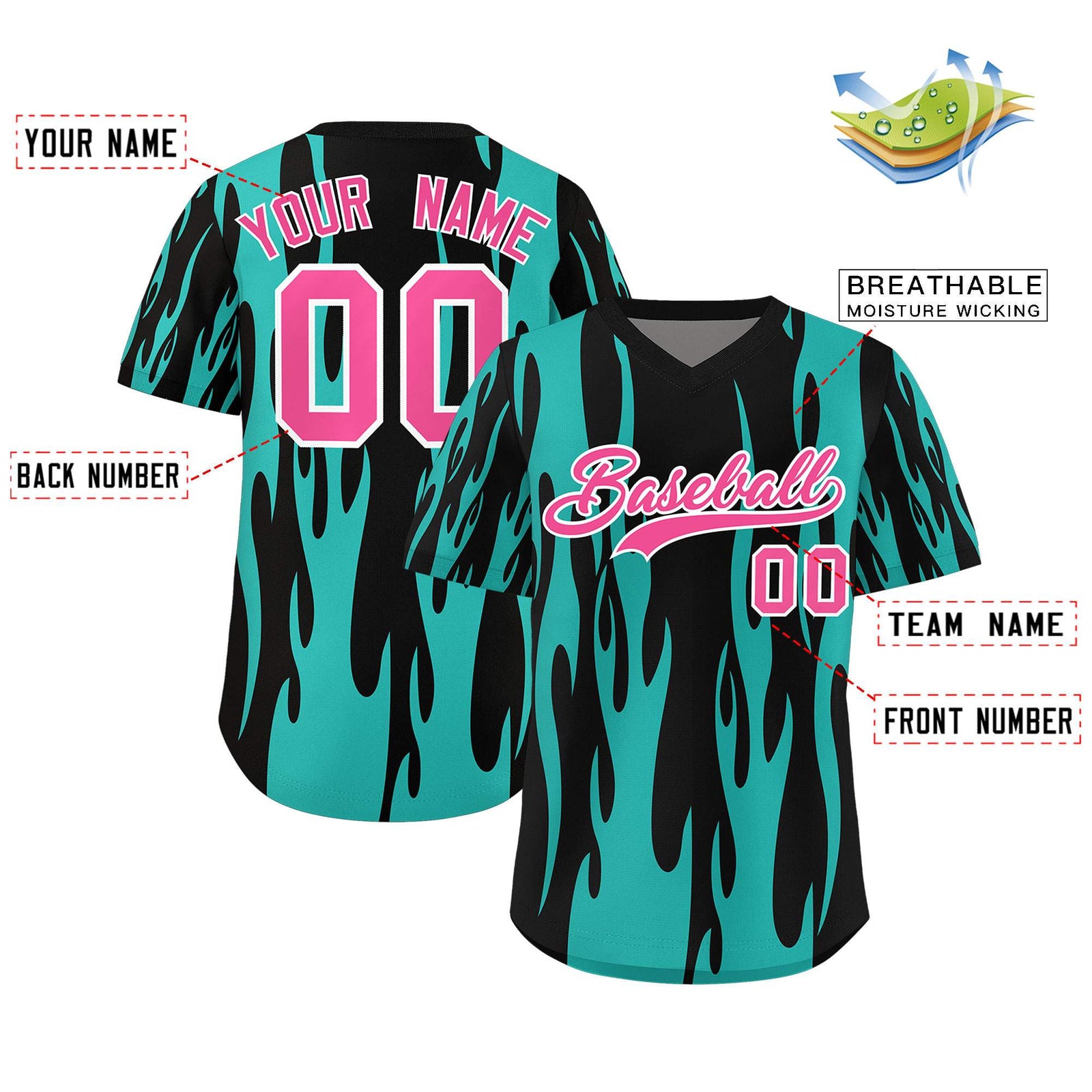 Custom Black Aqua Flame Pattern Authentic Pullover Baseball Jersey