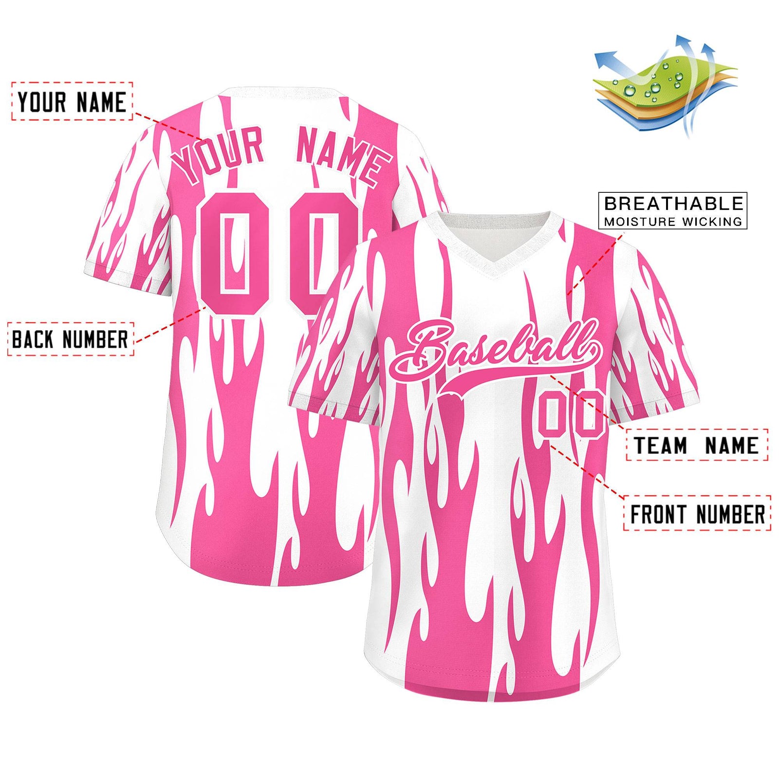 Custom White Pink Flame Pattern Authentic Pullover Baseball Jersey