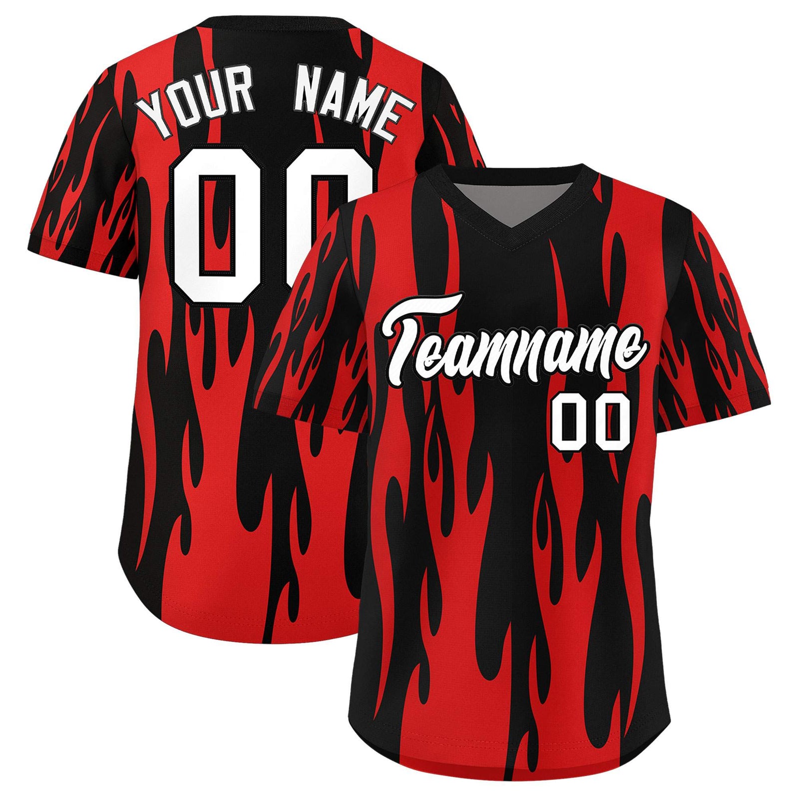 Custom Black Red Flame Pattern Authentic Pullover Baseball Jersey