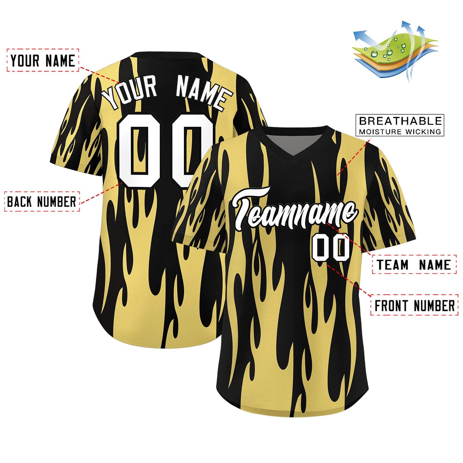 Custom Black Old Gold Flame Pattern Authentic Pullover Baseball Jersey