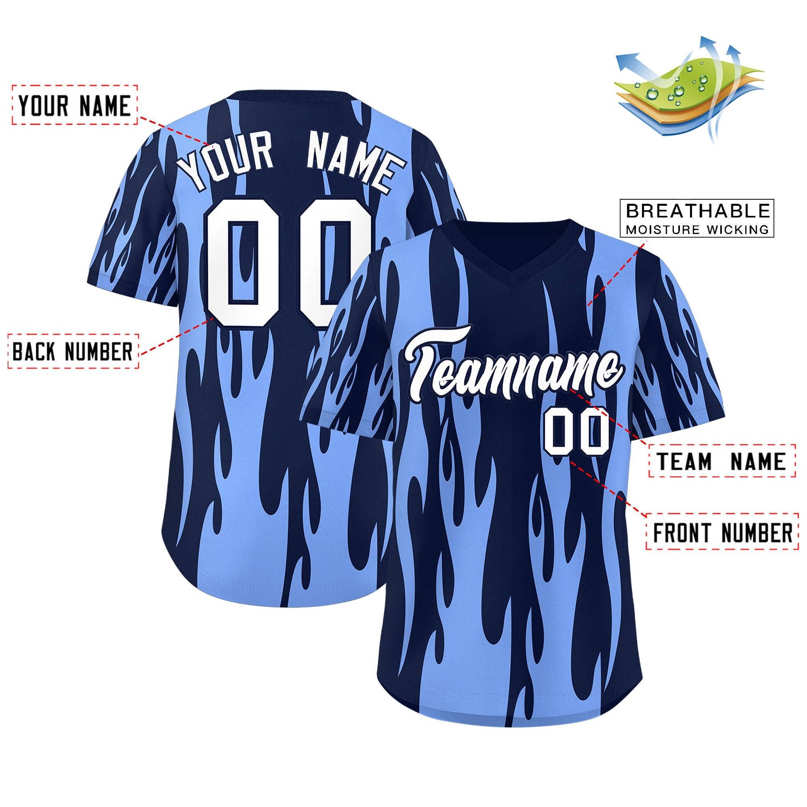 Custom Navy Light Blue Flame Pattern Authentic Pullover Baseball Jersey