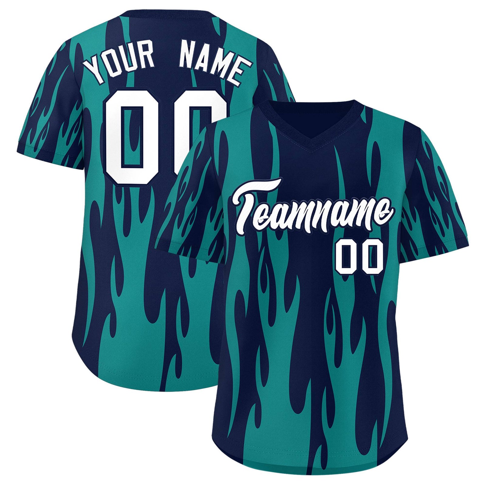 Custom Navy Aqua Flame Pattern Authentic Pullover Baseball Jersey