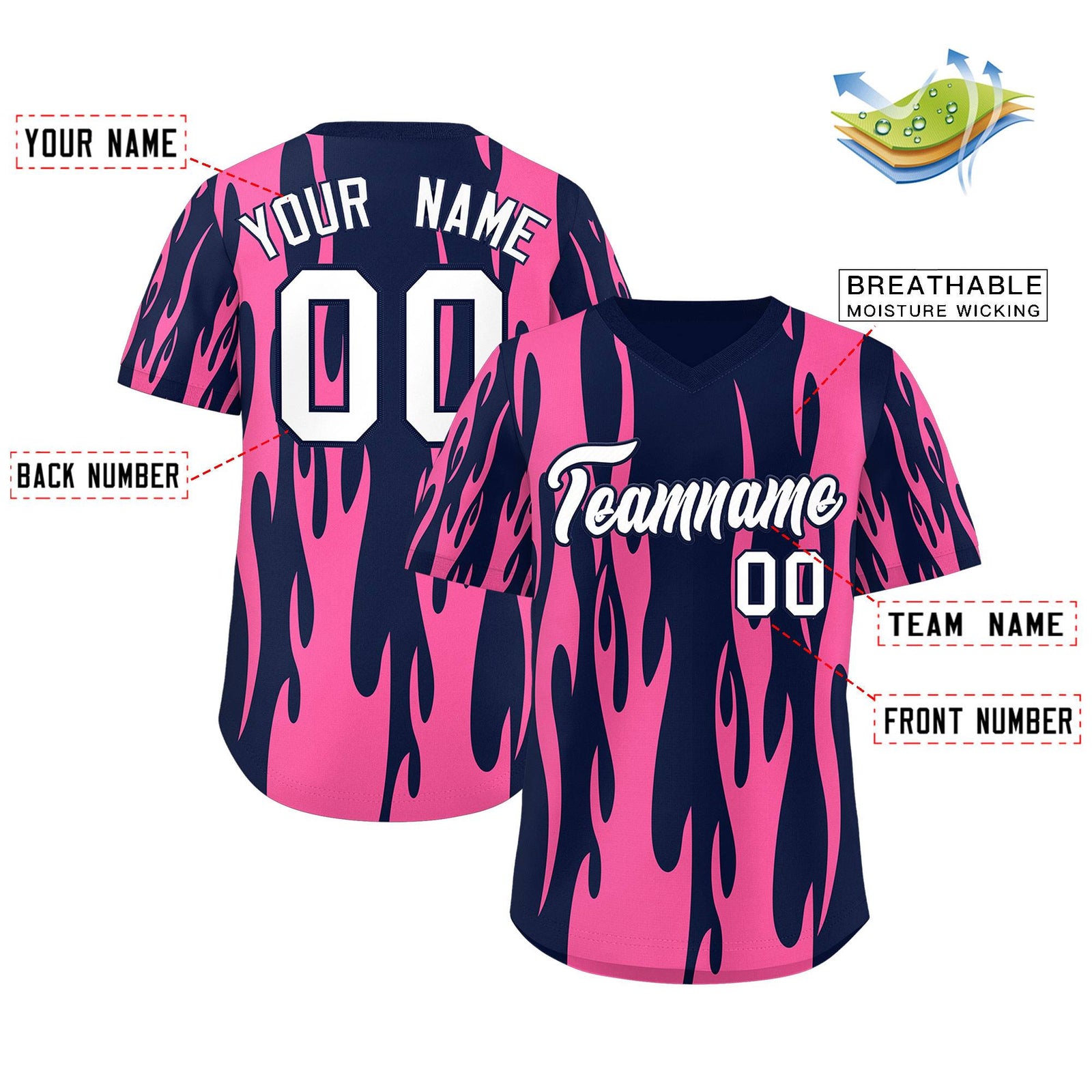Custom Navy Pink Flame Pattern Authentic Pullover Baseball Jersey