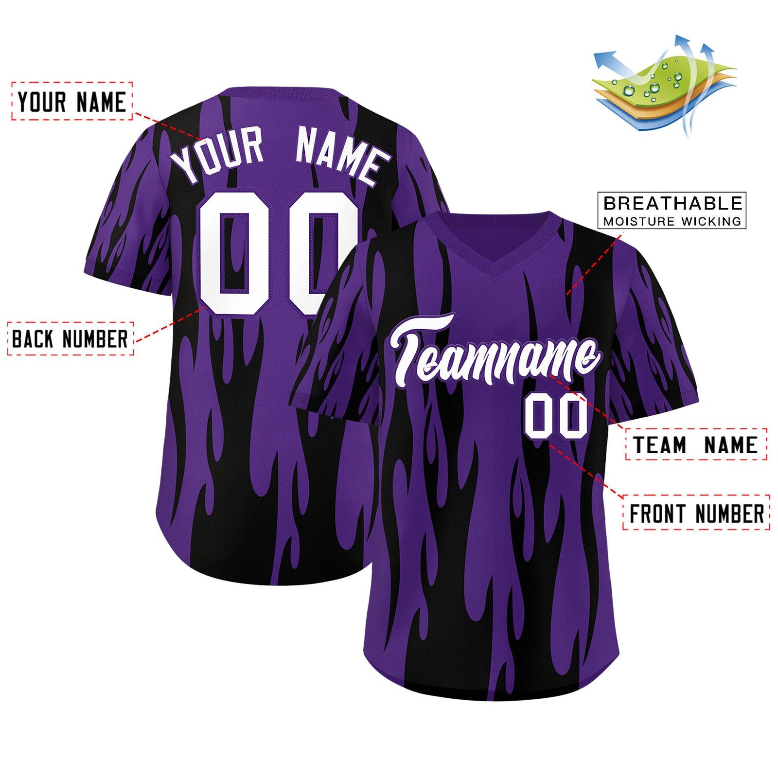 Custom Purple Black Flame Pattern Authentic Pullover Baseball Jersey