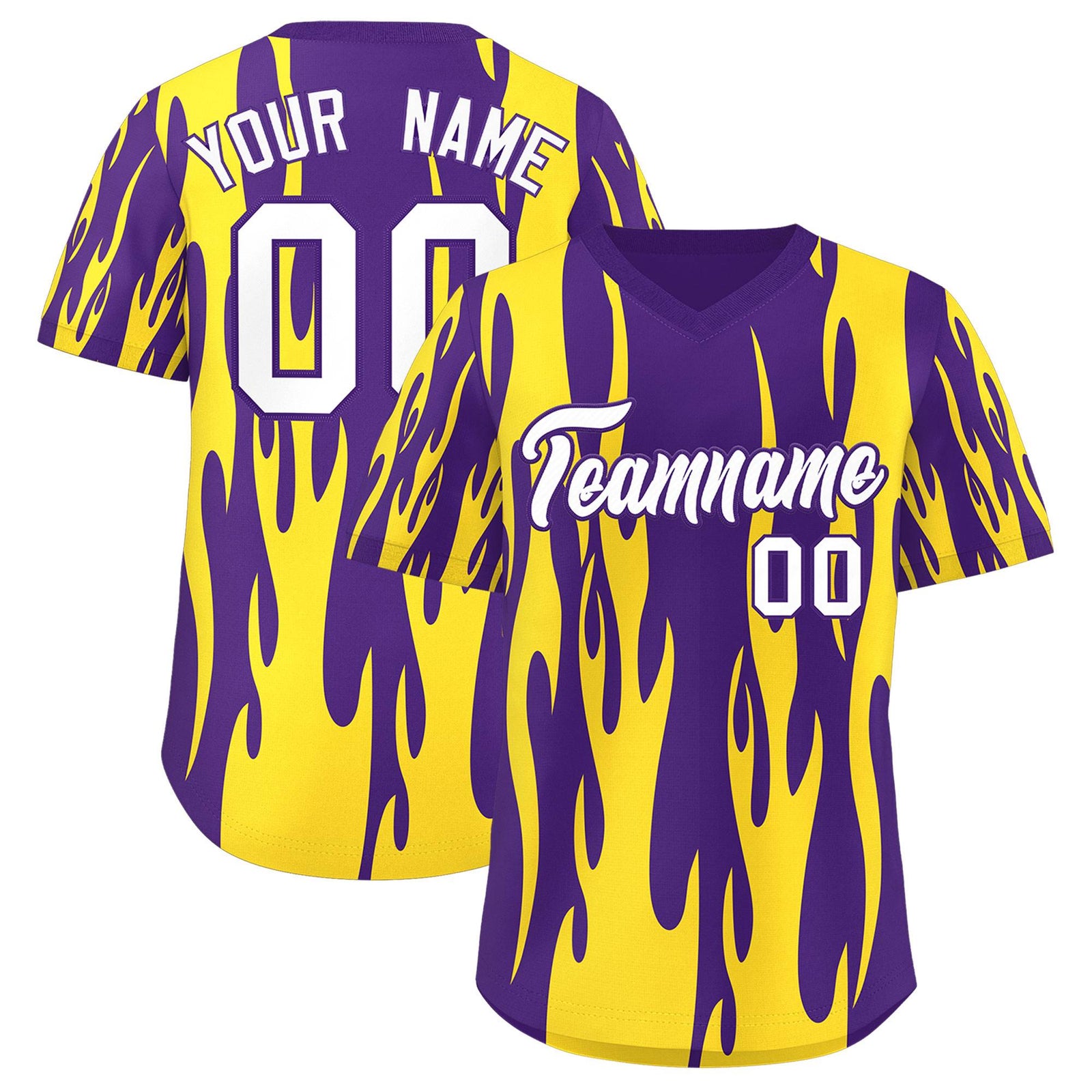 Custom Purple Gold Flame Pattern Authentic Pullover Baseball Jersey