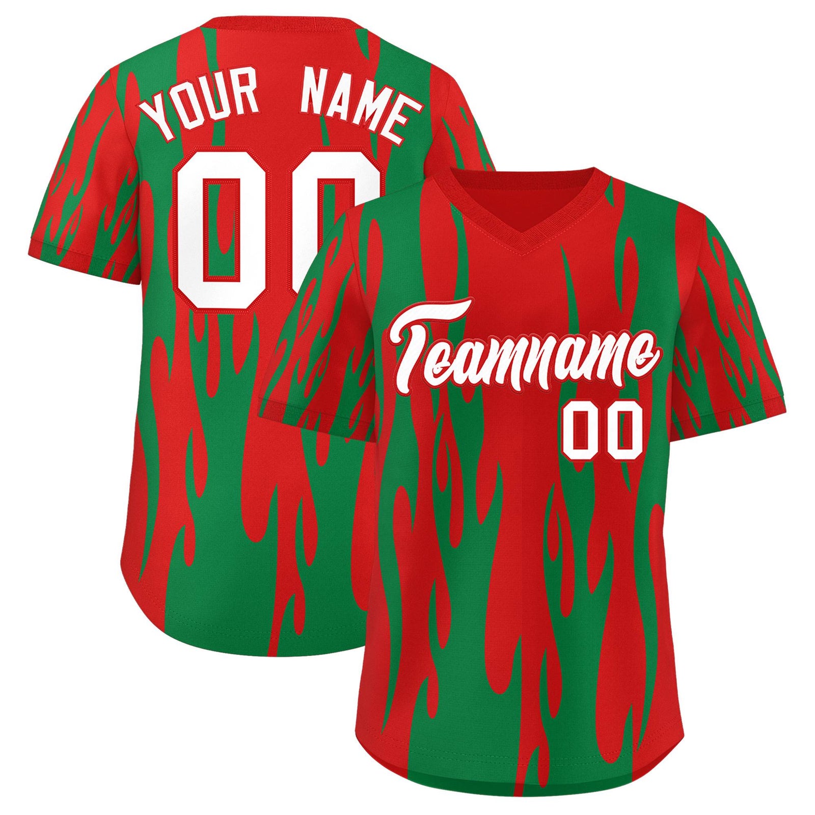 Custom Red Kelly Green Flame Pattern Authentic Pullover Baseball Jersey