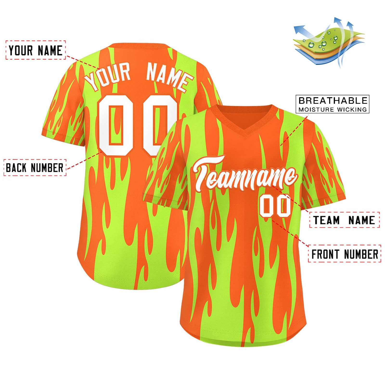 Custom Orange Neon Green Flame Pattern Authentic Pullover Baseball Jersey