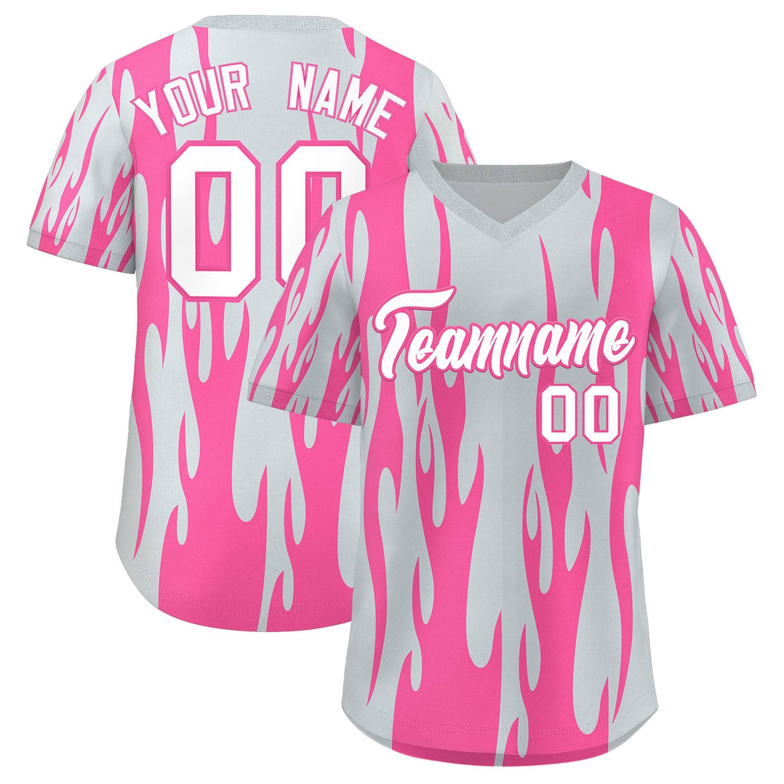 Custom Pink Silver Flame Pattern Authentic Pullover Baseball Jersey