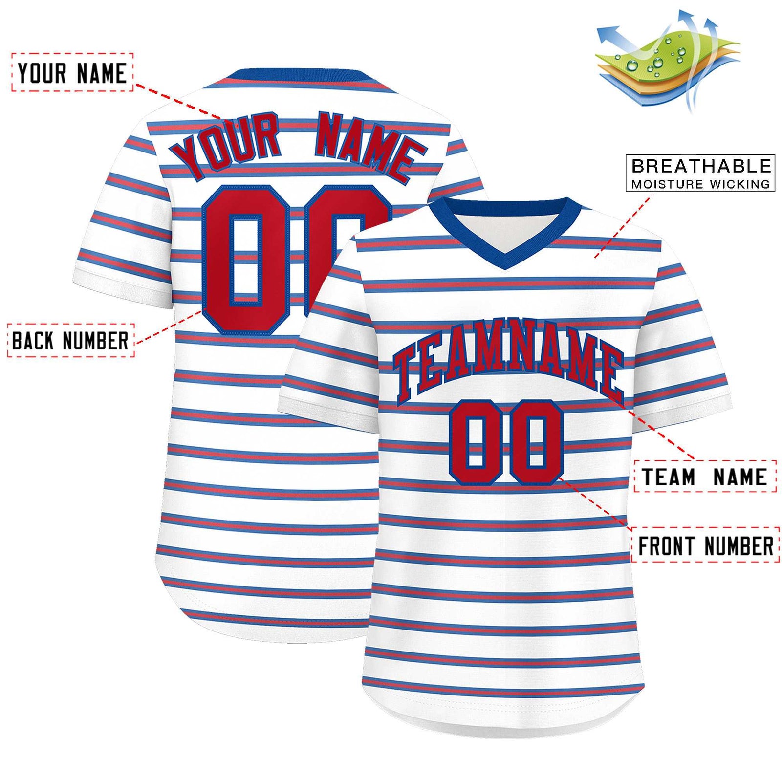 Custom White Royal-Red Personalized Horizontal Stripe Authentic Pullover Baseball Jersey