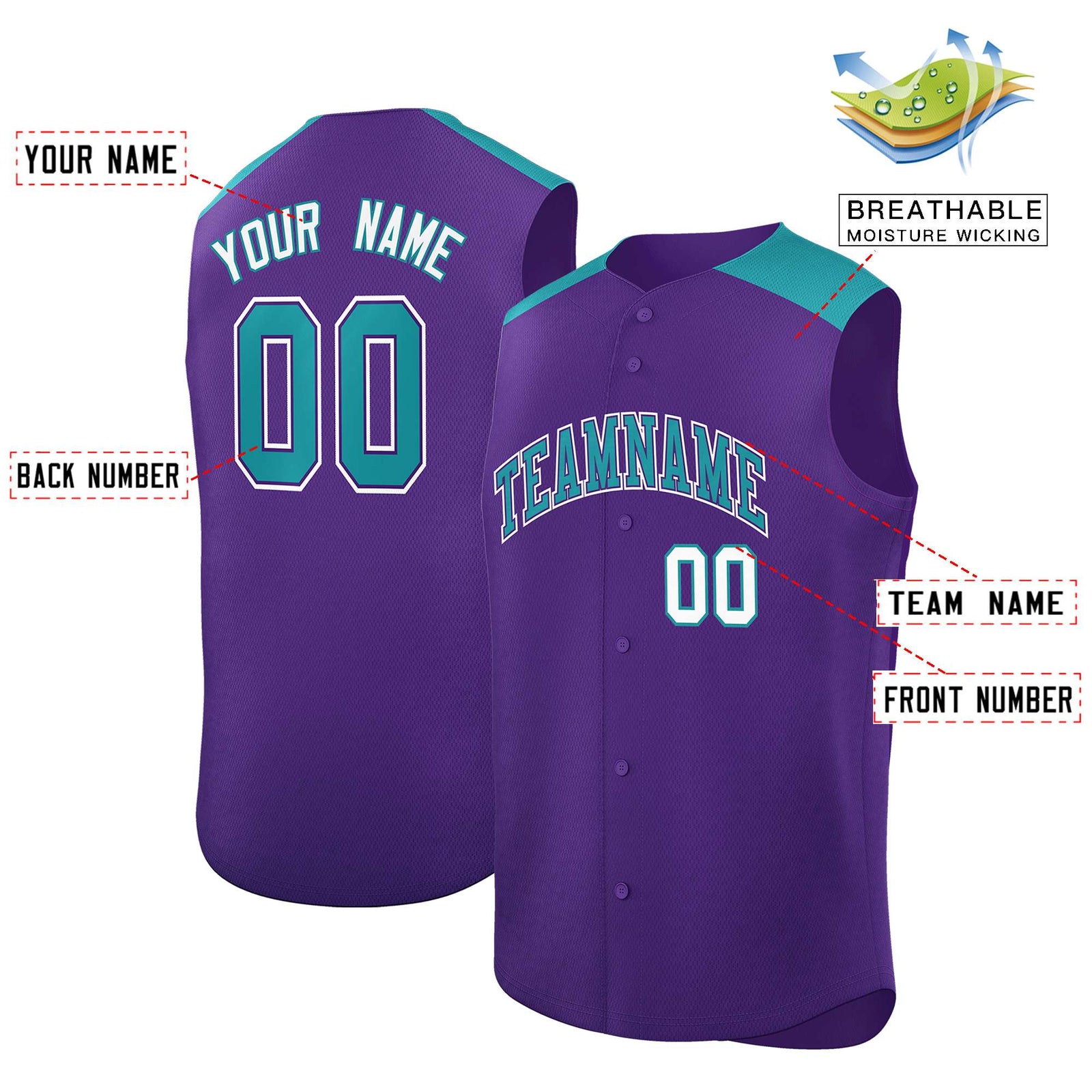 Custom Purple Aqua Personalized Classic Authentic Sleeveless Baseball Jersey
