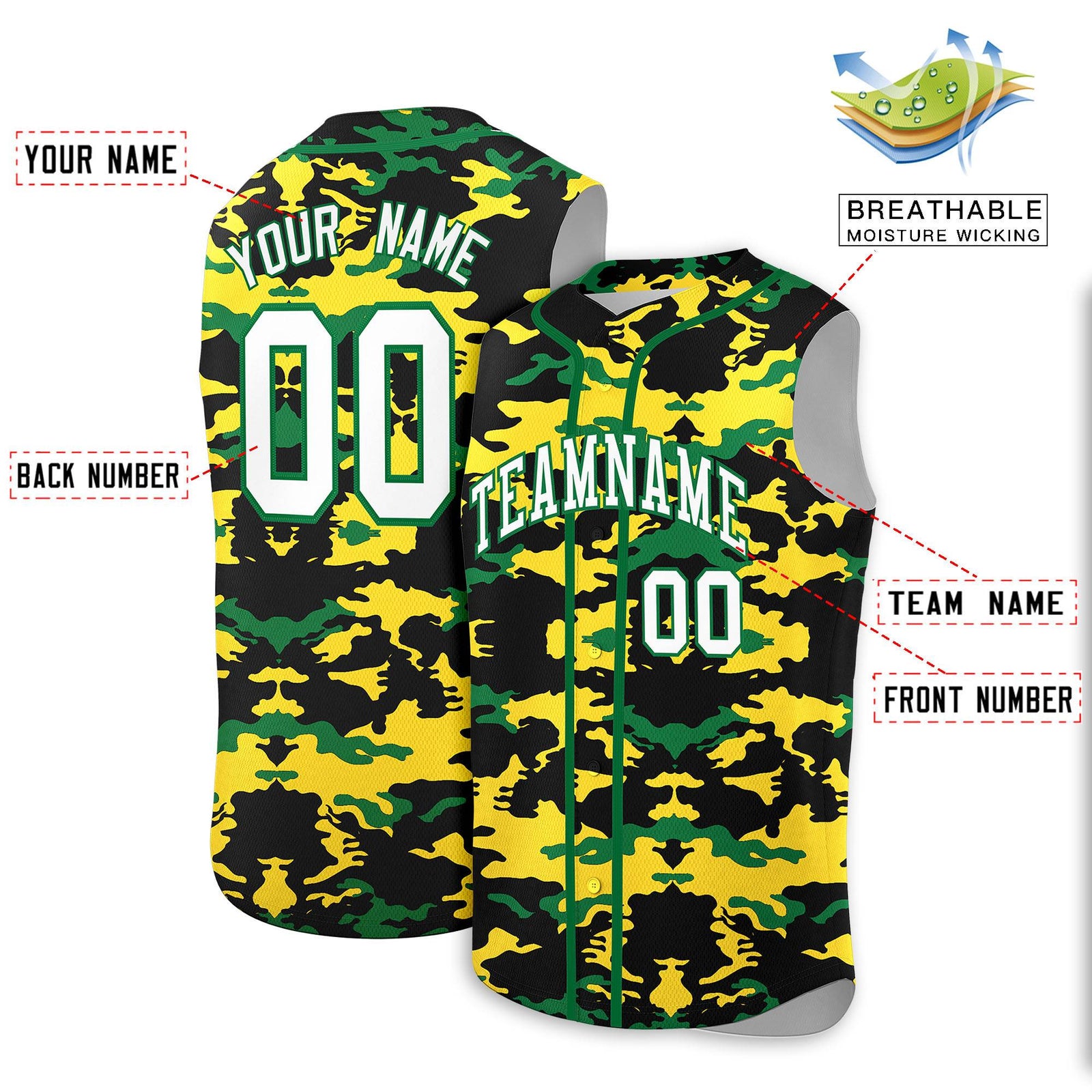 Custom Black Gold and Kelly Green Camo Fashion Authentic Sleeveless Baseball Jersey