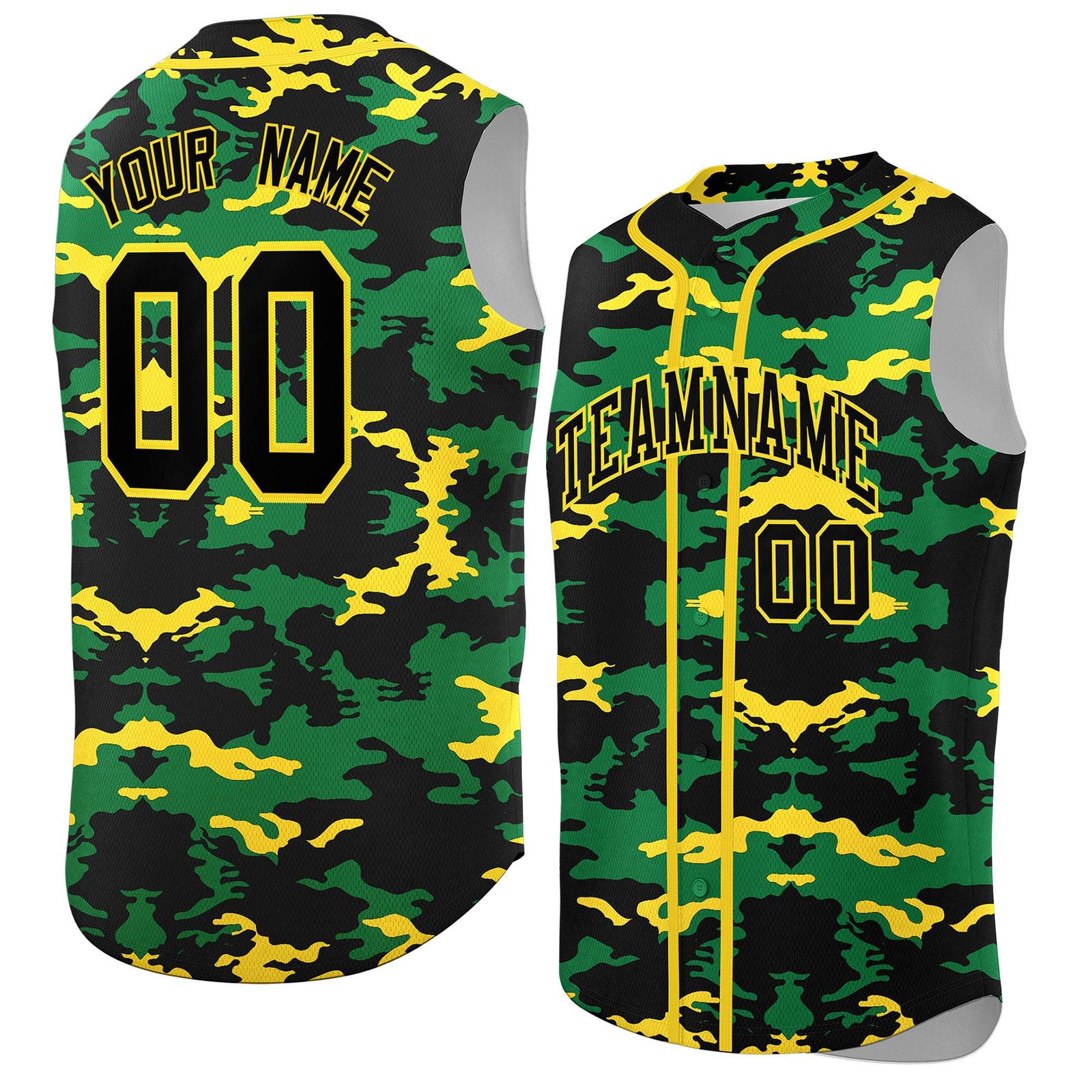 Custom Black Kelly Green and Gold Camo Fashion Authentic Sleeveless Baseball Jersey