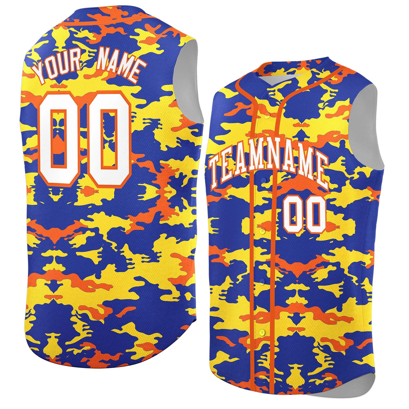Custom Royal Gold and Orange Camo Fashion Authentic Sleeveless Baseball Jersey
