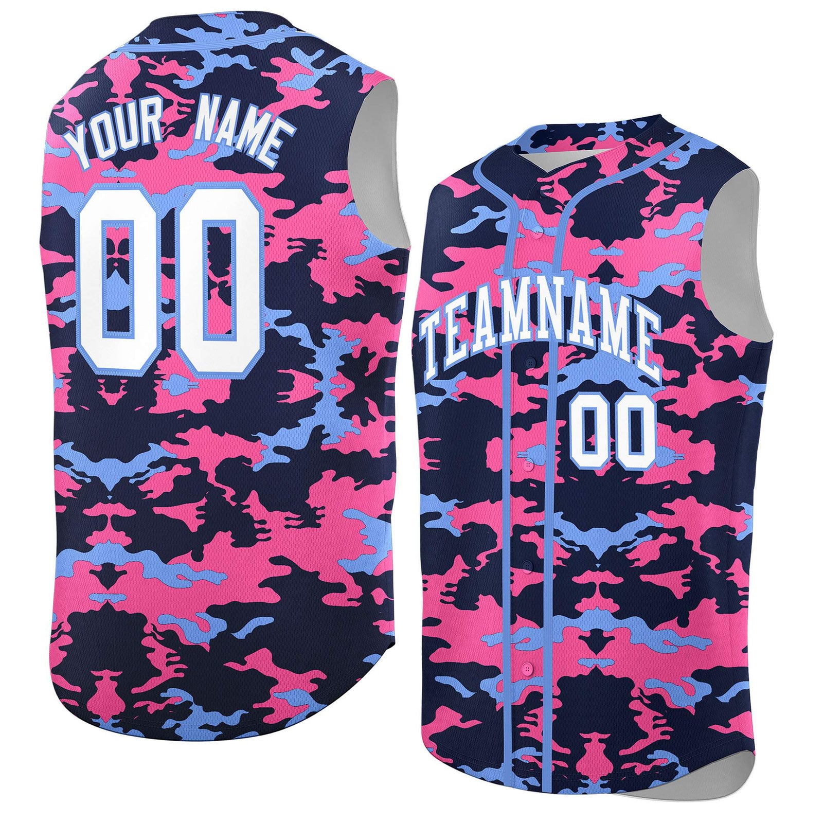 Custom Navy Pink and Powder Blue Camo Fashion Authentic Sleeveless Baseball Jersey
