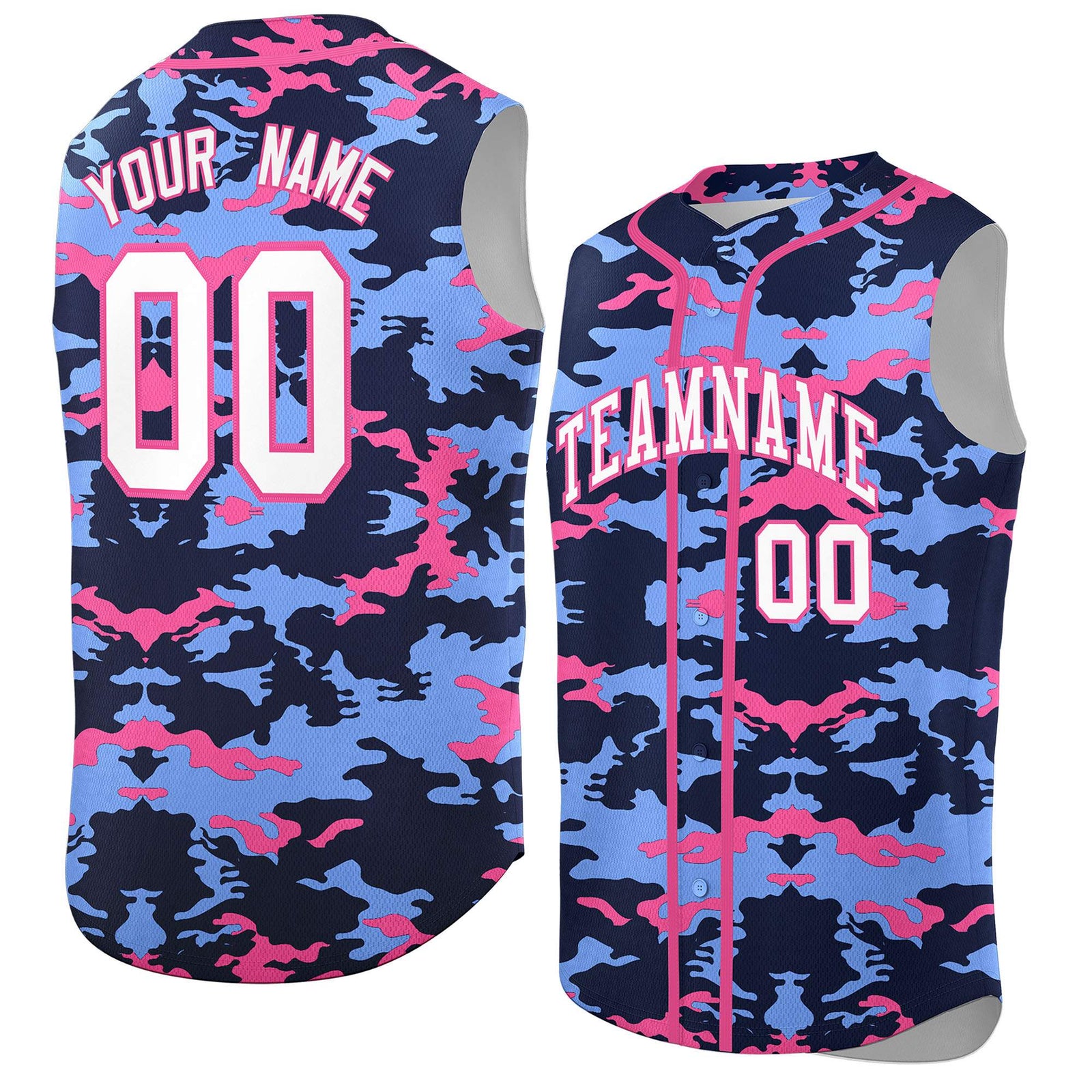 Custom Navy Light Blue and Pink Camo Fashion Authentic Sleeveless Baseball Jersey