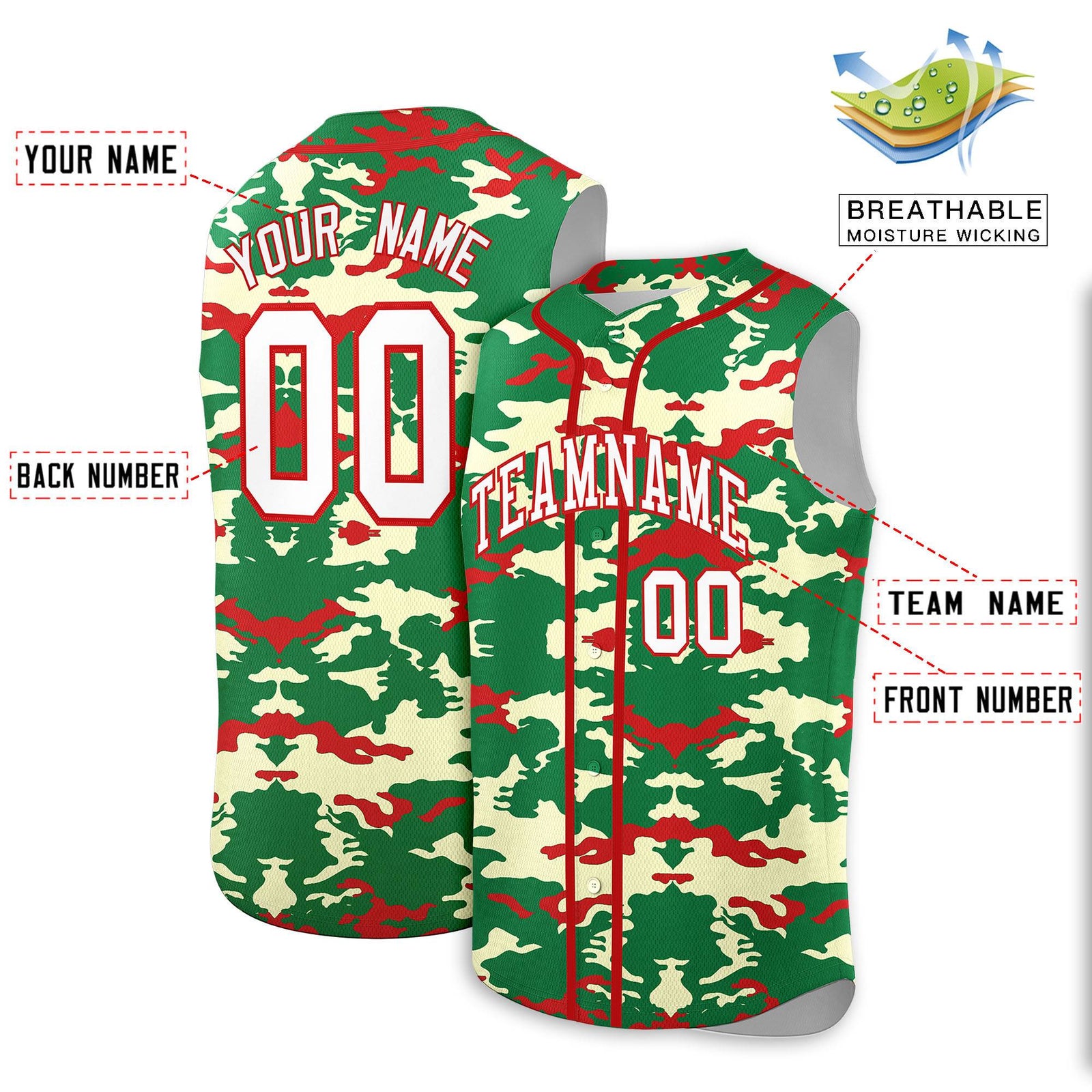Custom Kelly Green Red Camo Fashion Authentic Sleeveless Baseball Jersey
